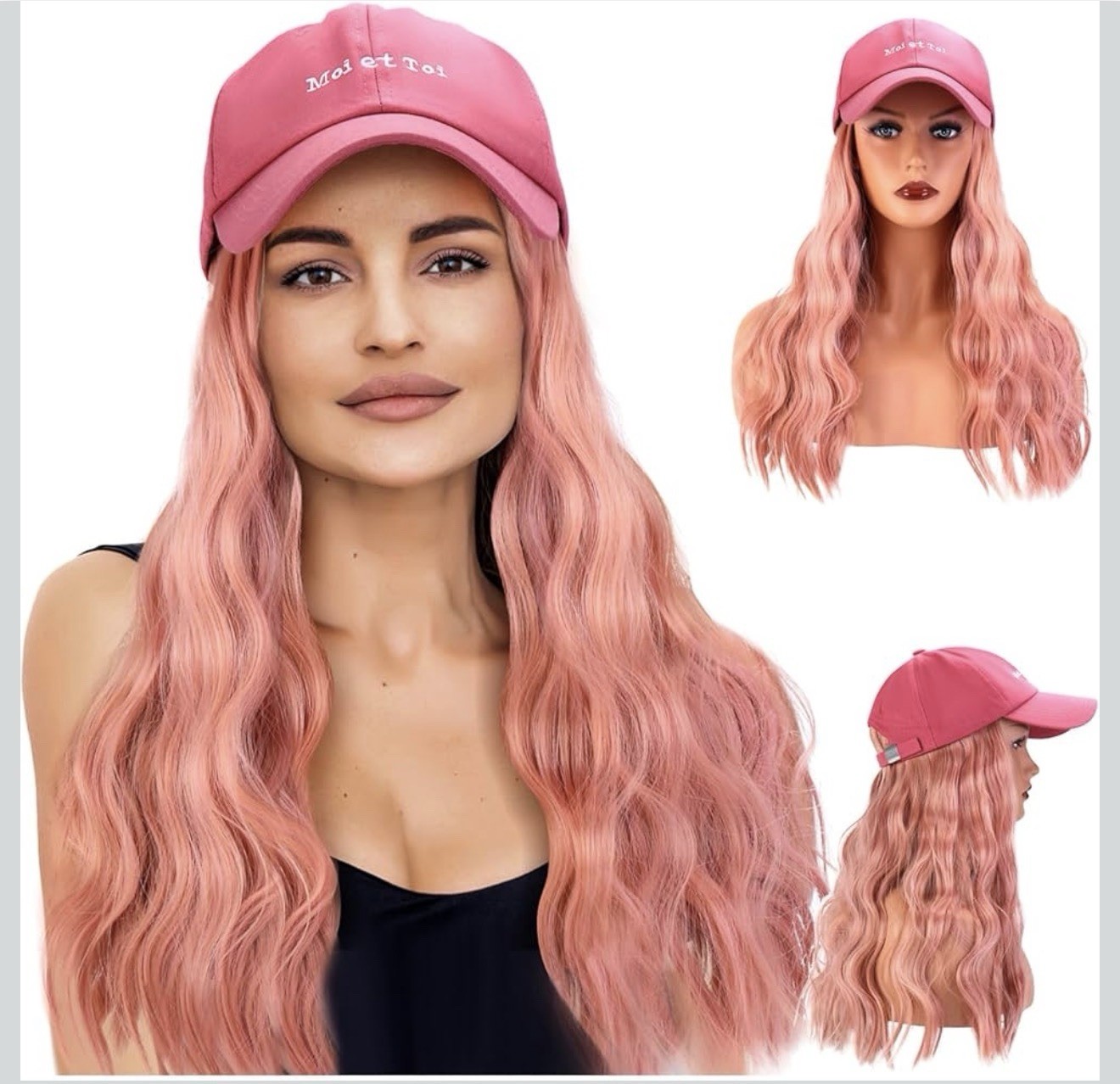 Baseball Cap Wig Pink Hat with Hair for Women Adjustable w/Heat Resistant *READ
