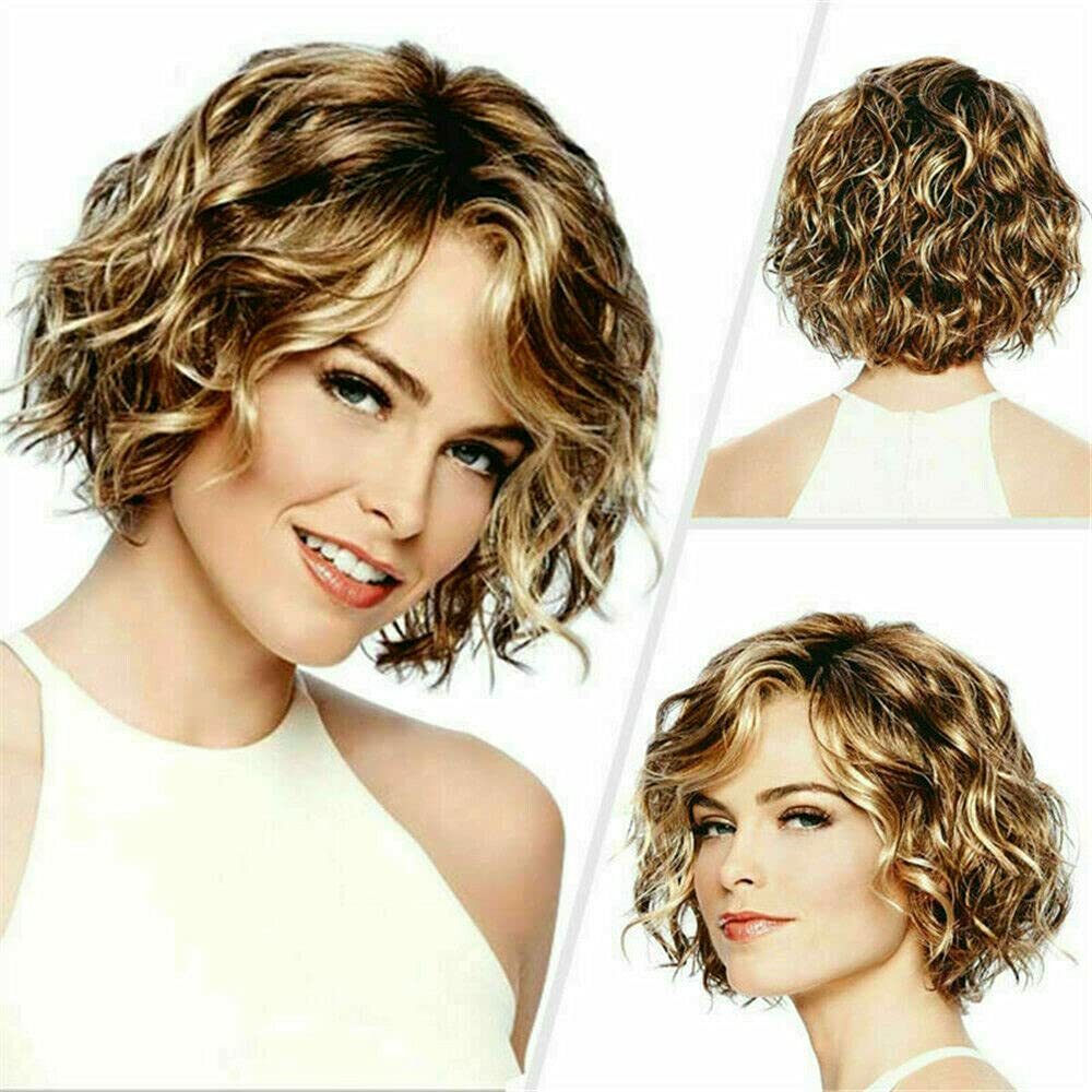 10 Inch Short Women Curly Wavy Bob Wig Fluffy Dark Blonde Hair Cosplay Casual US