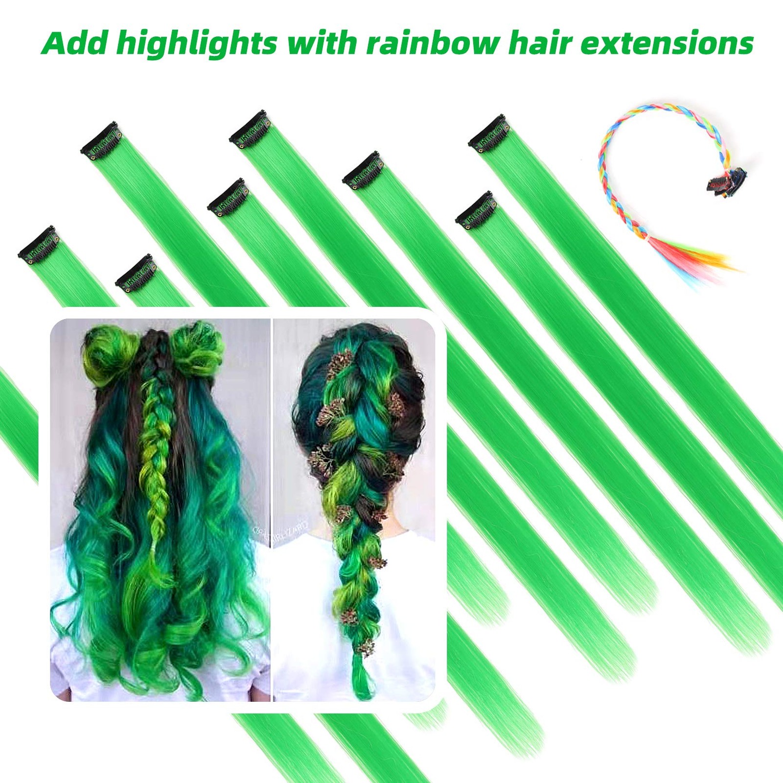 Green Hair Extensions Clip in, 22 Inch 10 Pcs Long Straight Colored, for Wome…