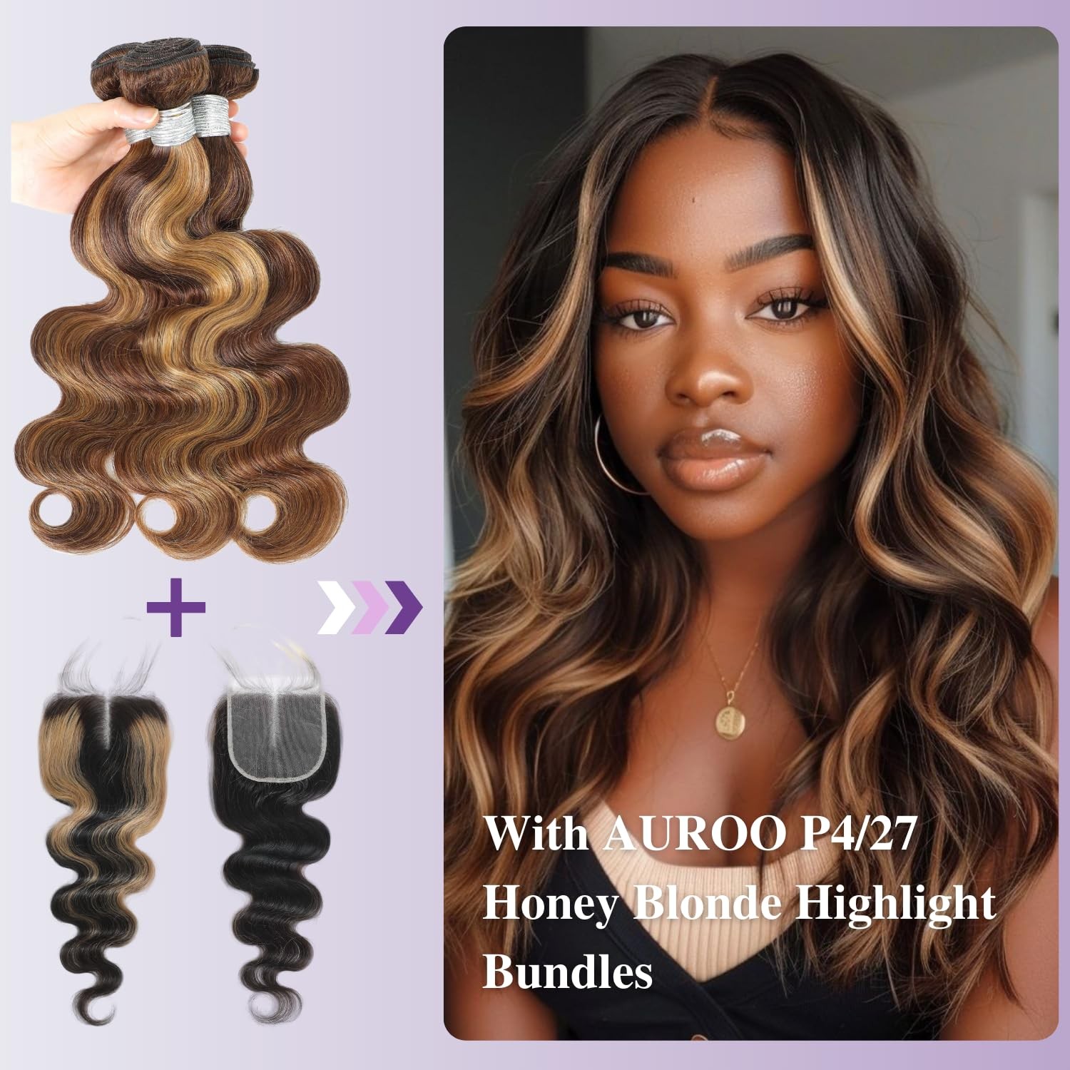 Auroo 27 Skunk Stripe 4X4 Lace Closure Only Human Hair Body Wave 12A Honey