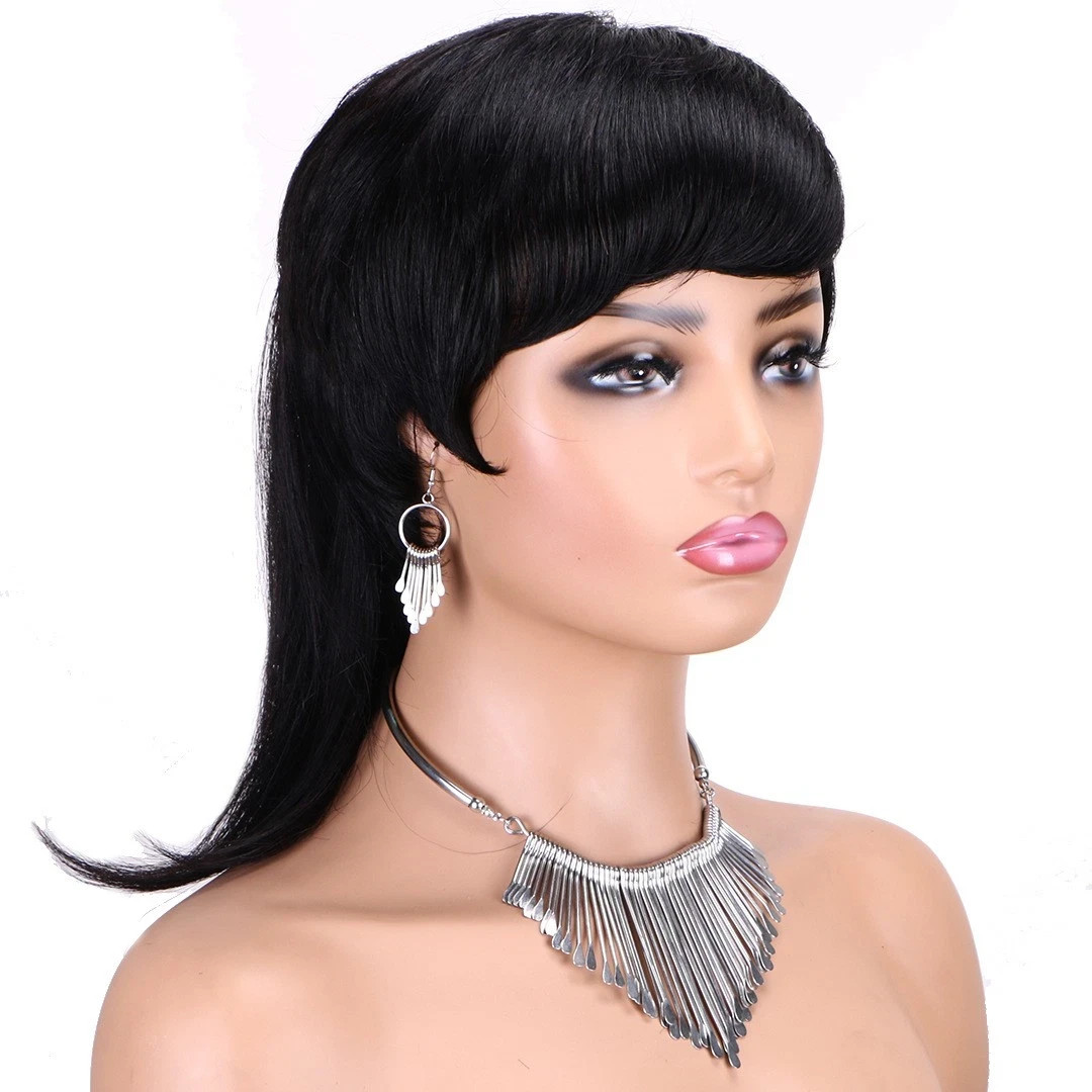 Black Pixie Cut With Bangs Human Hair Mullet Wigs for Women Fashion Straight Wig