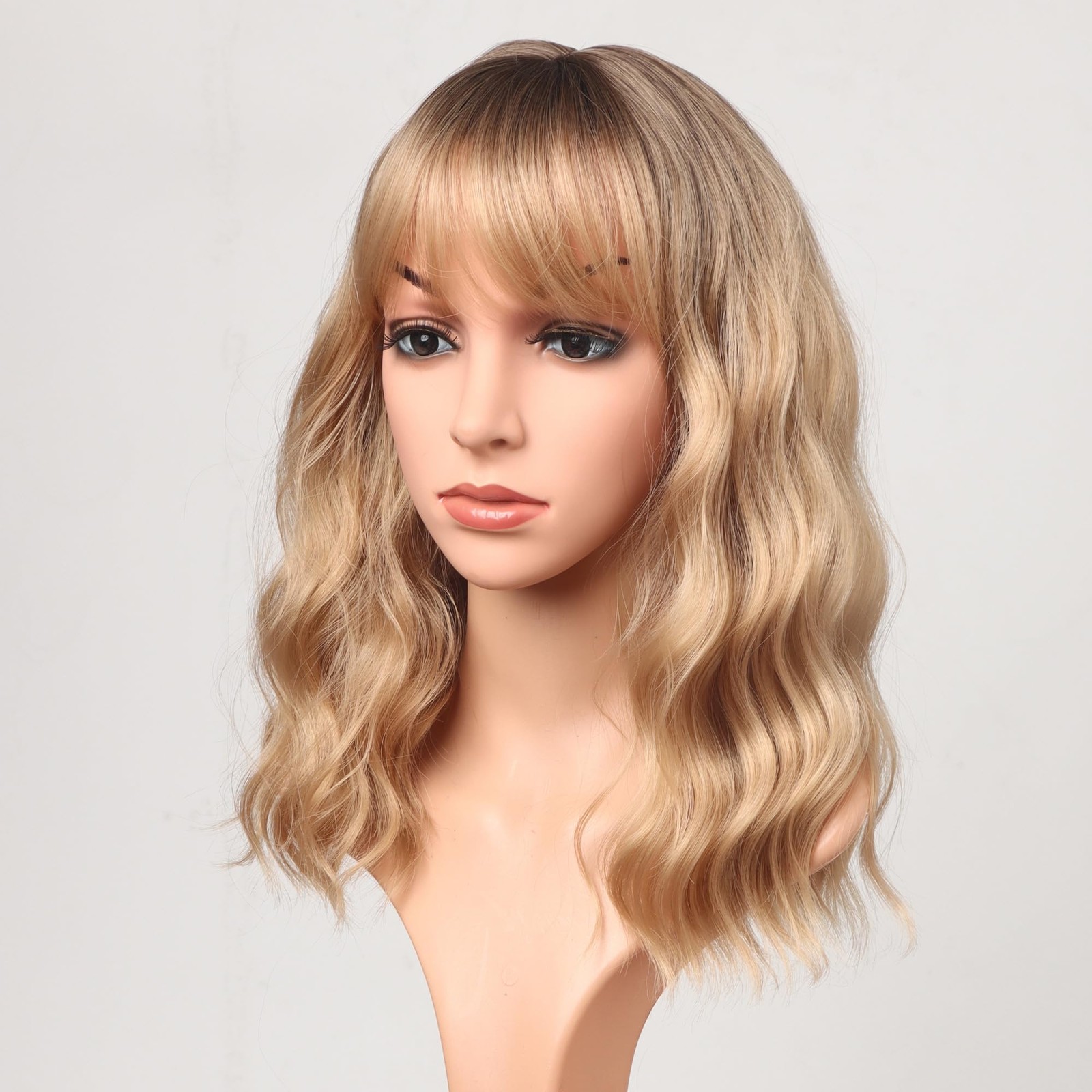 Blonde Wavy Wig with Bangs for Women Shoulder Length Synthetic Wigs Natural W…
