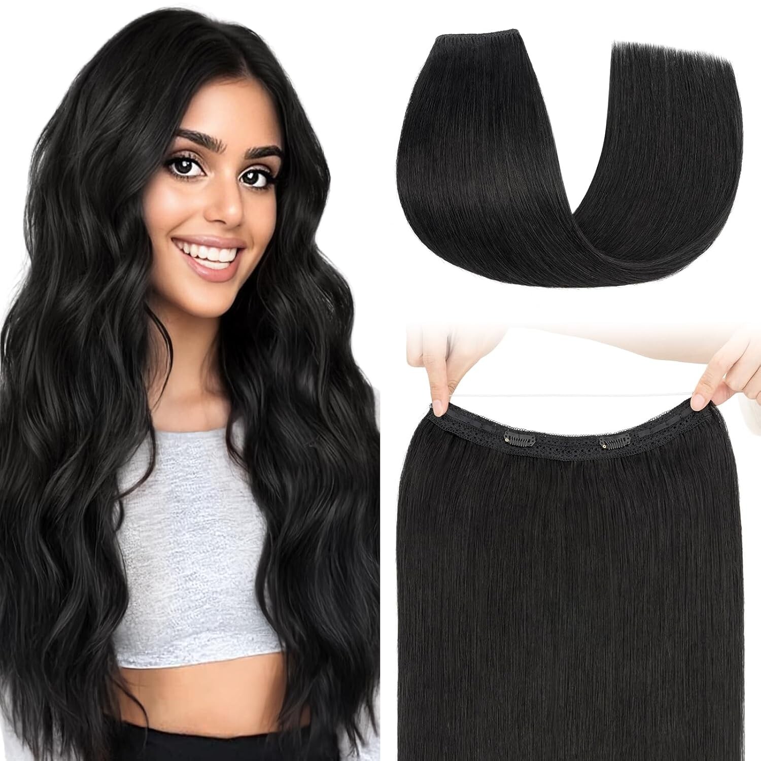 15in Glueless Invisible Wire Remy Human Hair Extensions #1 Jet Black with Clips