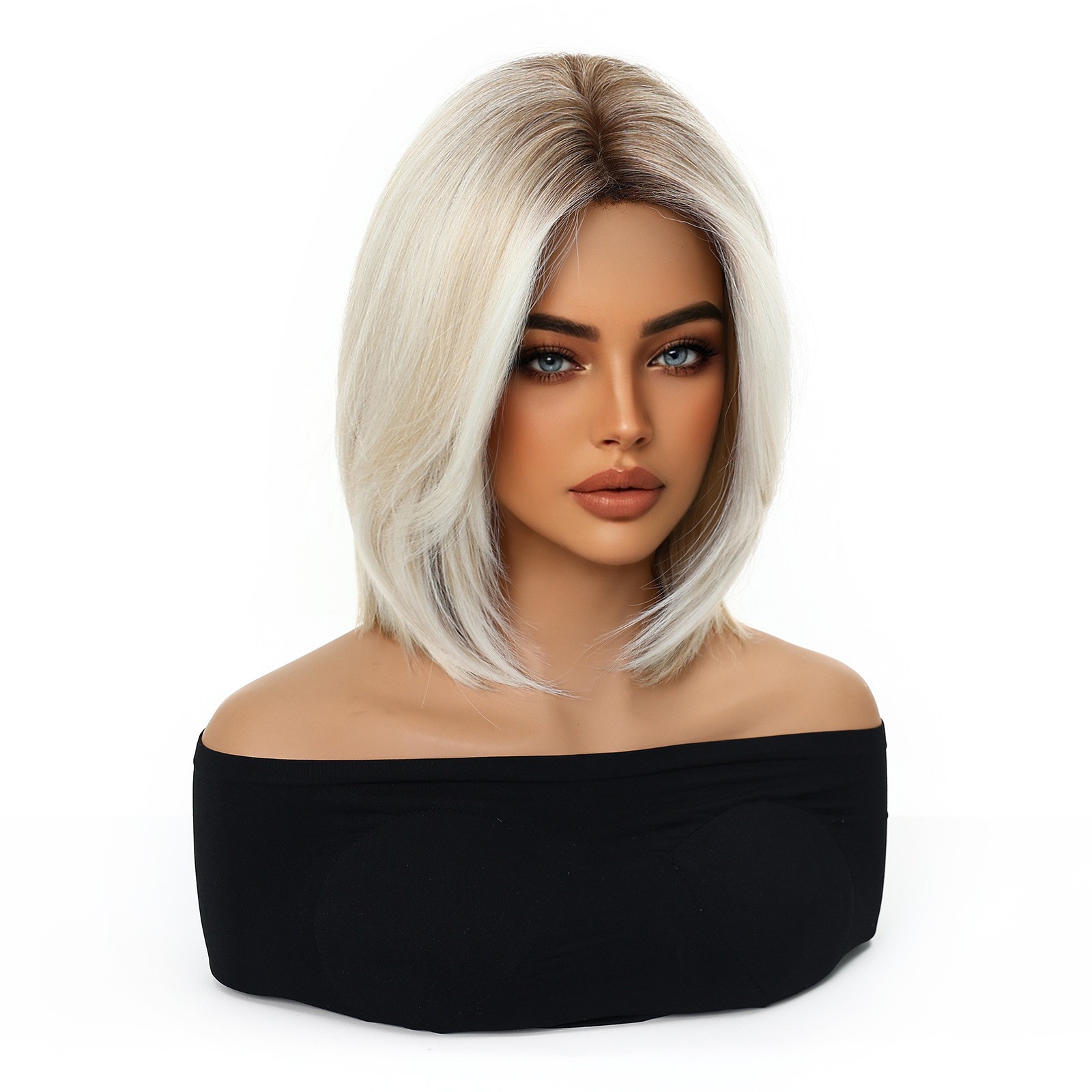 Middle Part Golden Short Straight Synthetic Rose Net Full Head Wig for Women