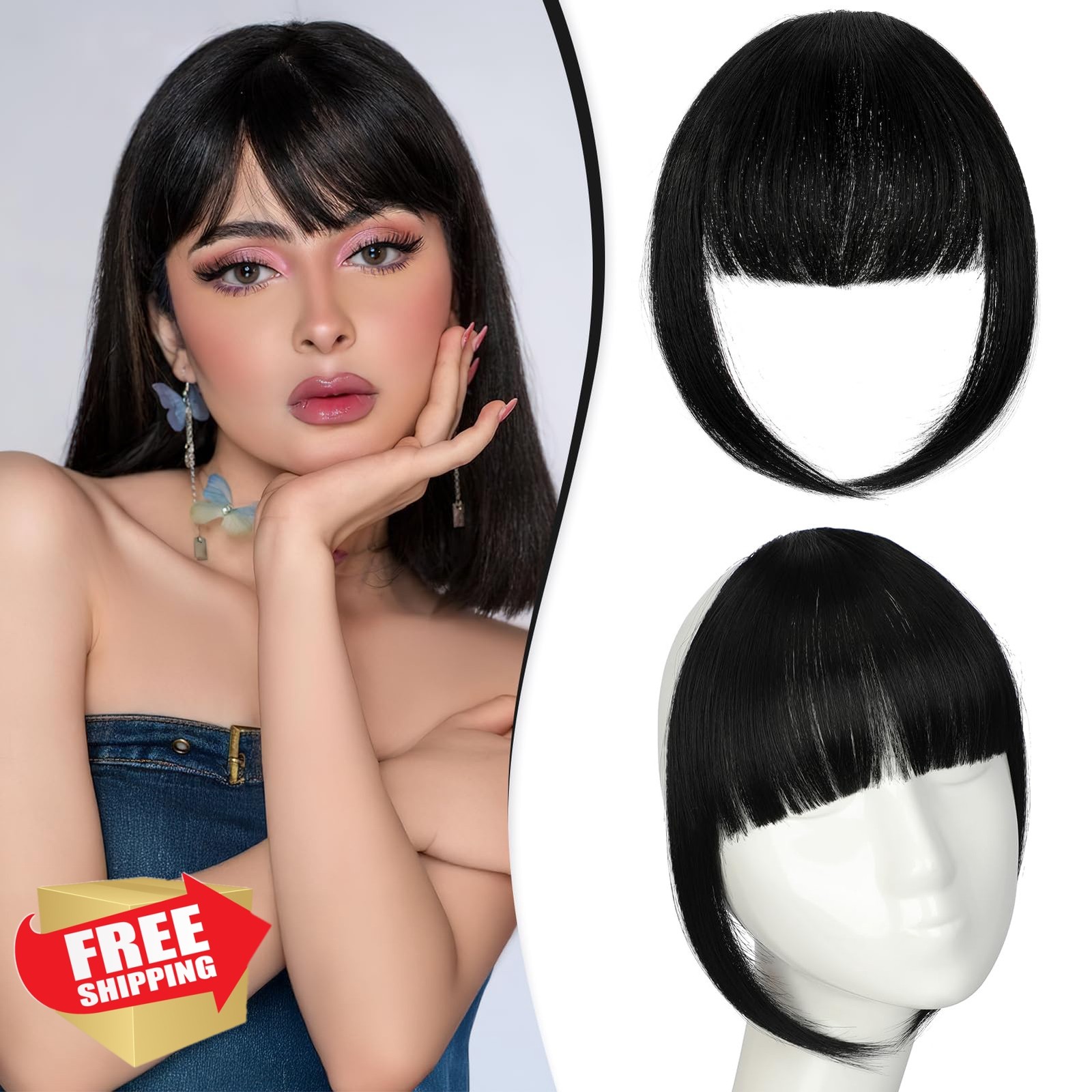 Fanguilar Dark Black French Clip in Bangs Fringe Temples