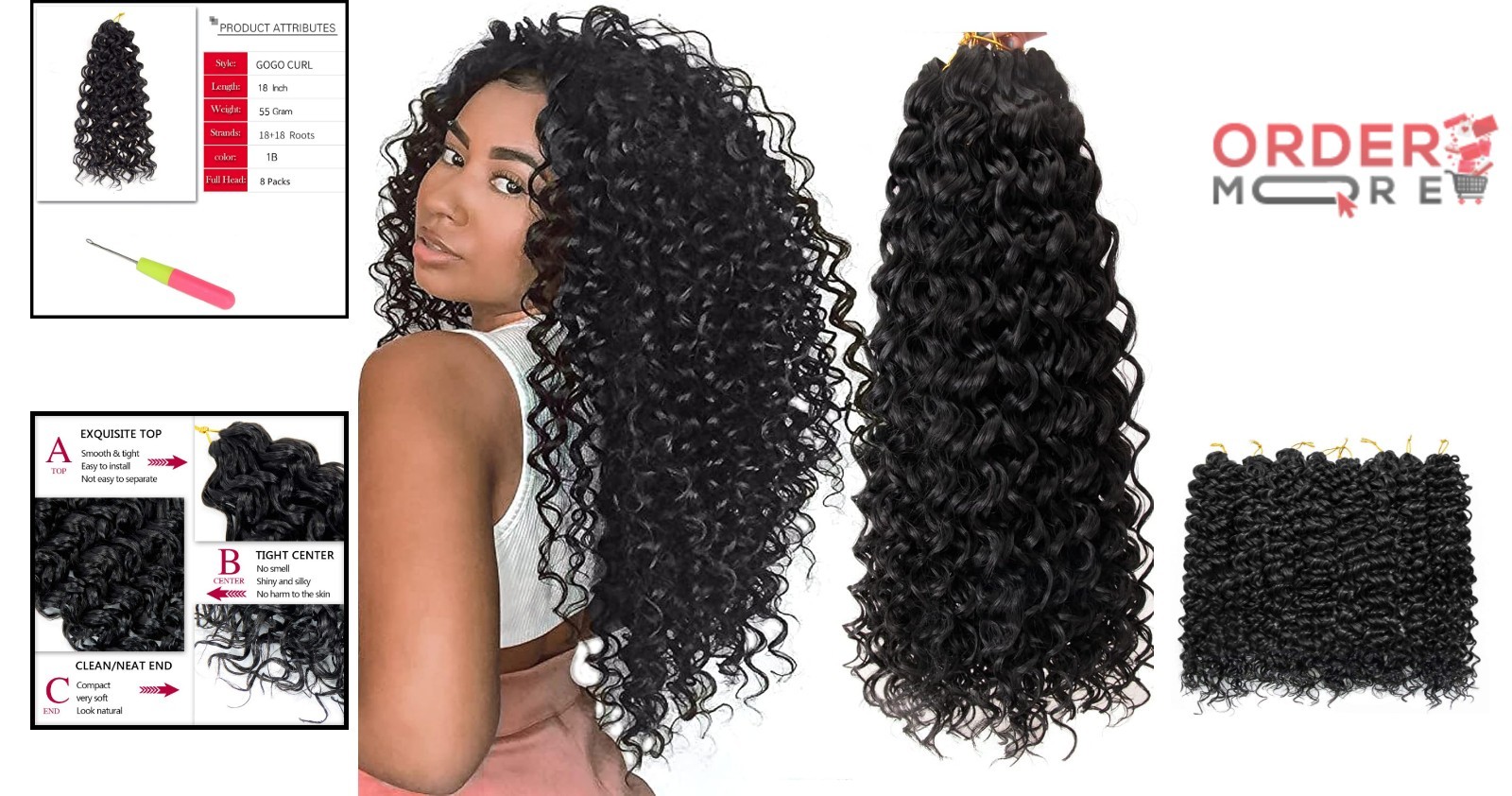 8 Packs Curly Crochet Hair Synthetic Water Wave 18 Inch for Women Natural Black