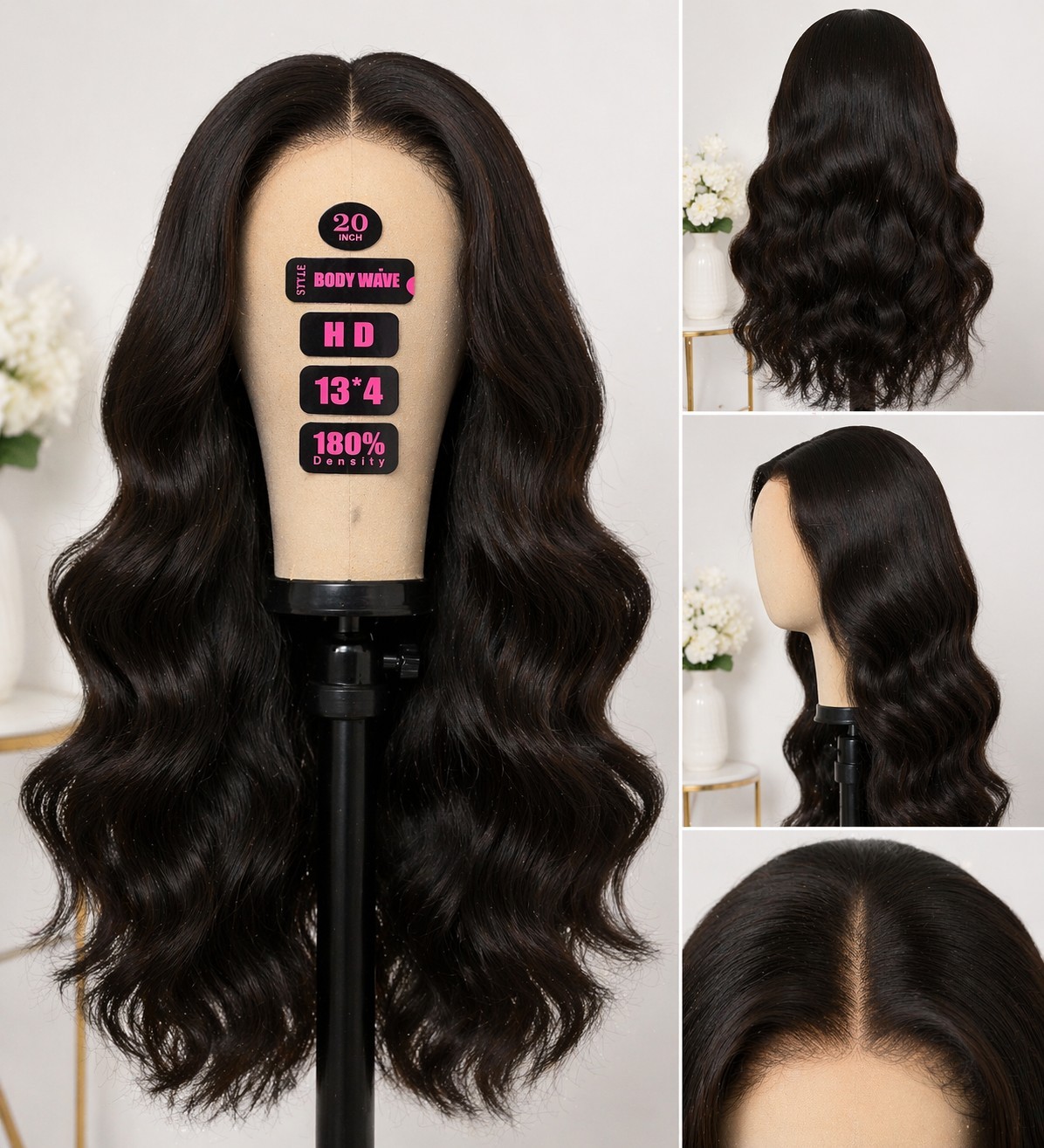 20″ Body Wave Lace Front Wig Black Free-Part Clip-In 13×4 180% Density Wavy