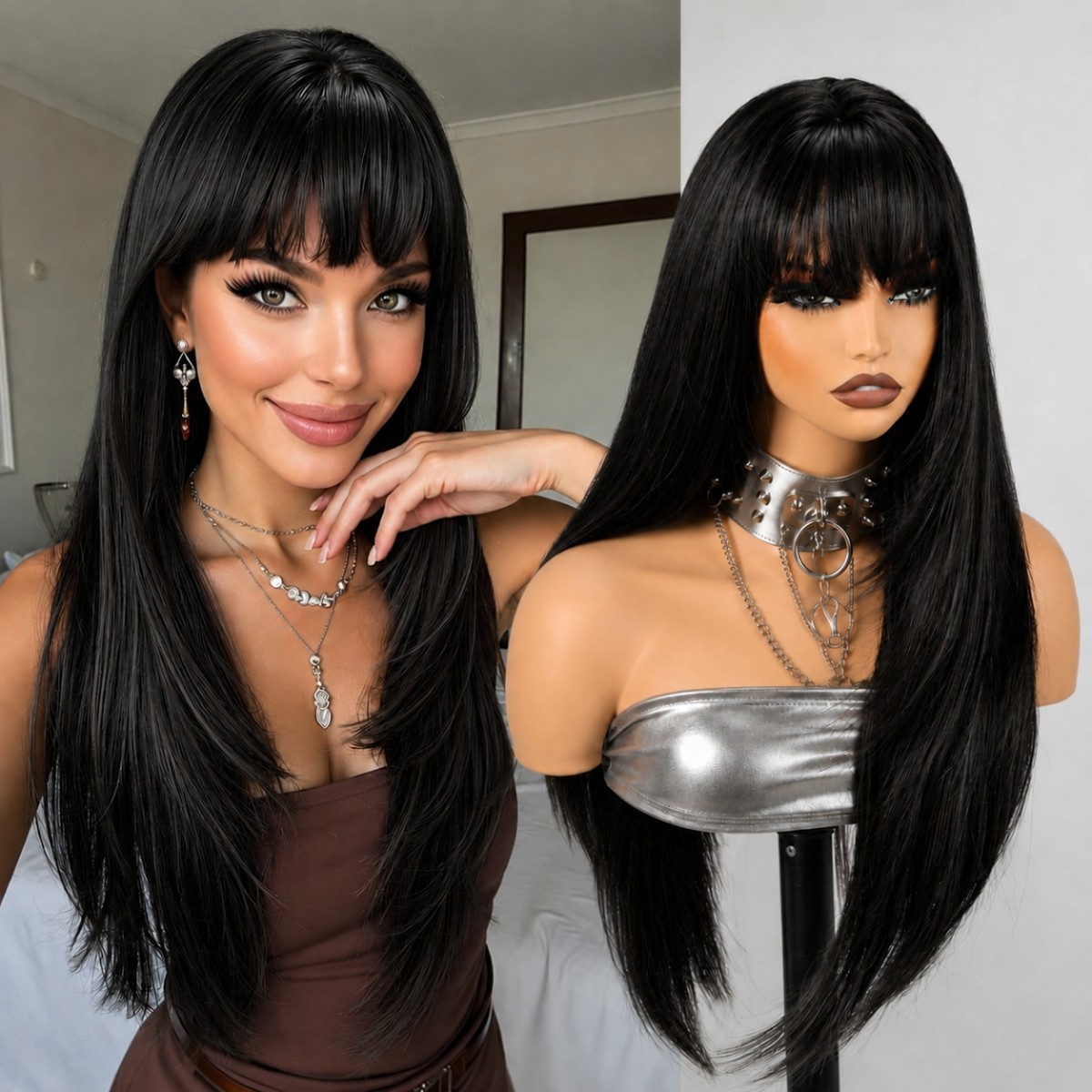 Heat Resistant Hair Off black Dress Up Wigs With Bangs Long Straight Women
