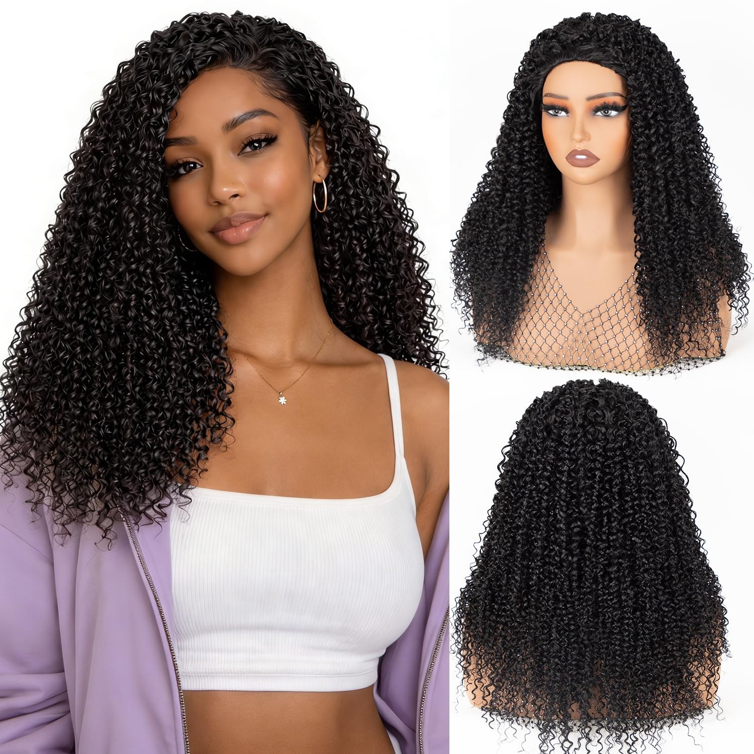 Kinky Curly Half Wig 22 Inch Natural Black – 3-in-1 Glueless Synthetic for Easy