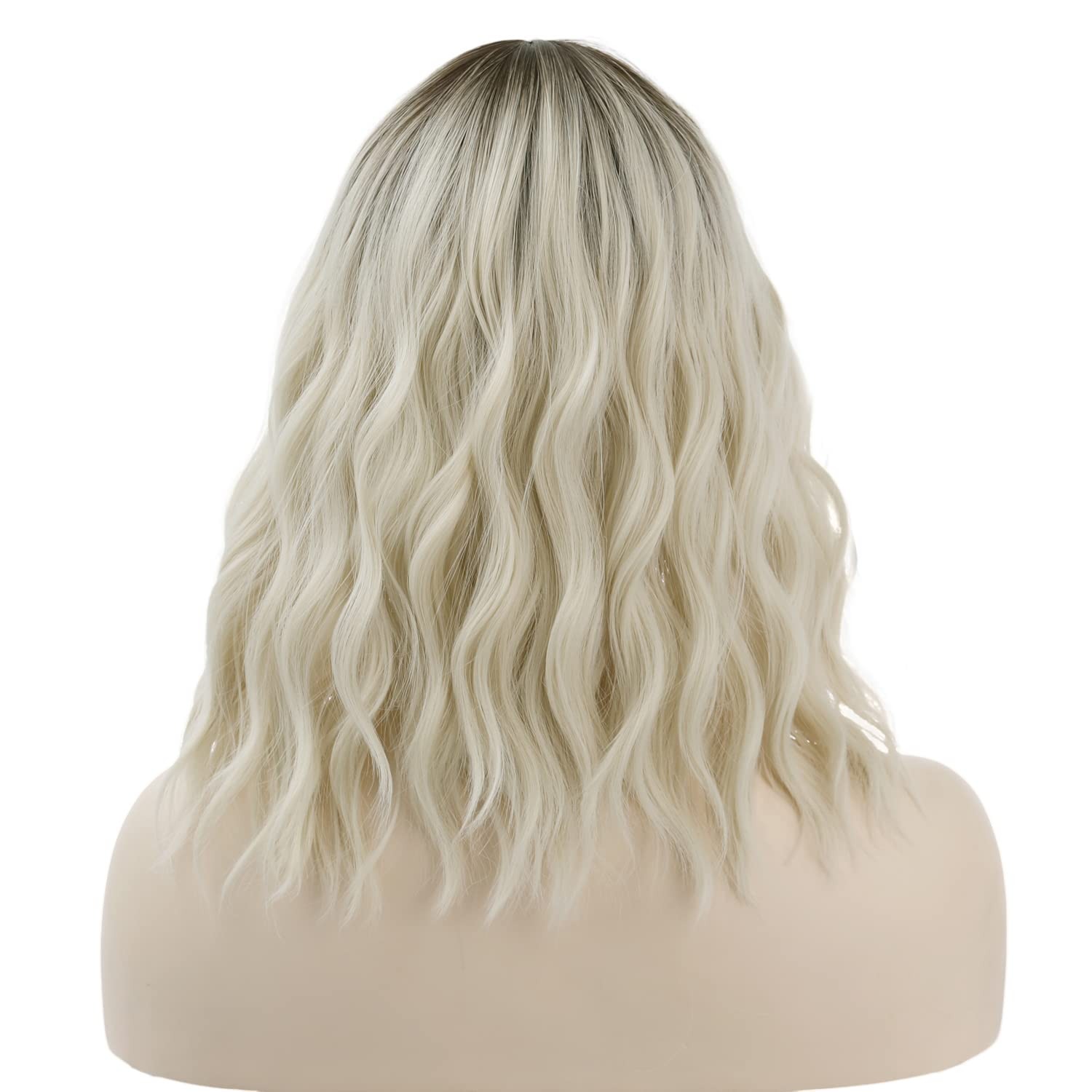 Platinum Blonde Wig Dark Roots 14 Inches Short Wavy Curly Wigs with Bangs Sho…
