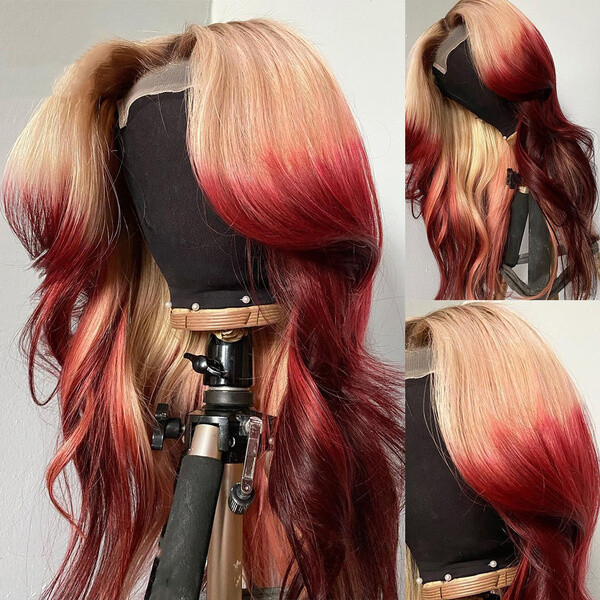 Long Body Wave Lace Front Wig Ombre Blonde to Burgundy Red Synthetic Wigs US