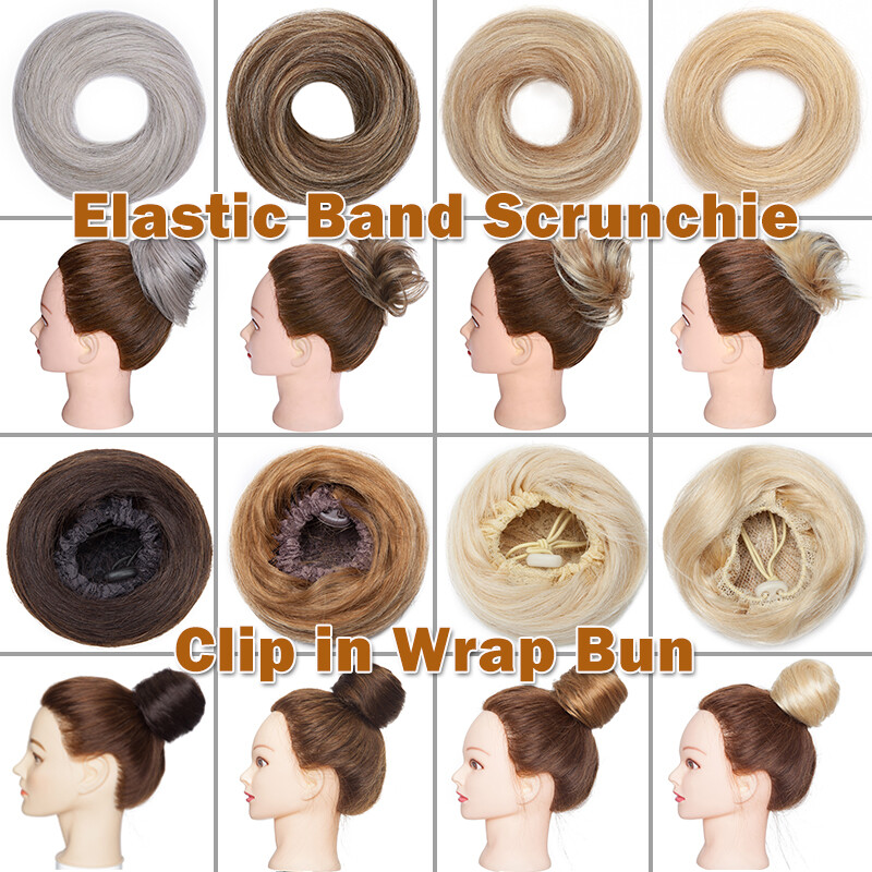 100% Real Human Hair Piece Clip In Wrap On Around Chignon Messy Bun Elastic Band