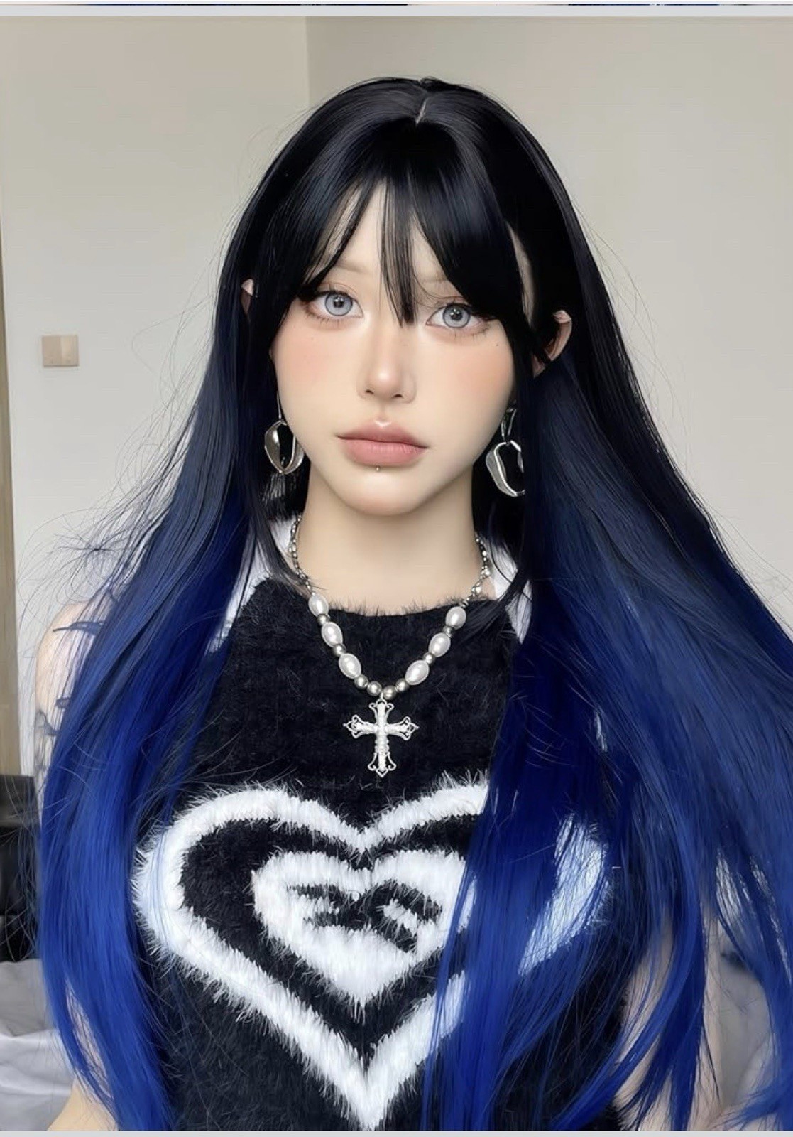 Cos Wig Ombré Blue Black Matte Straight Heat Resist Realistic Scalp + Cap Bangs