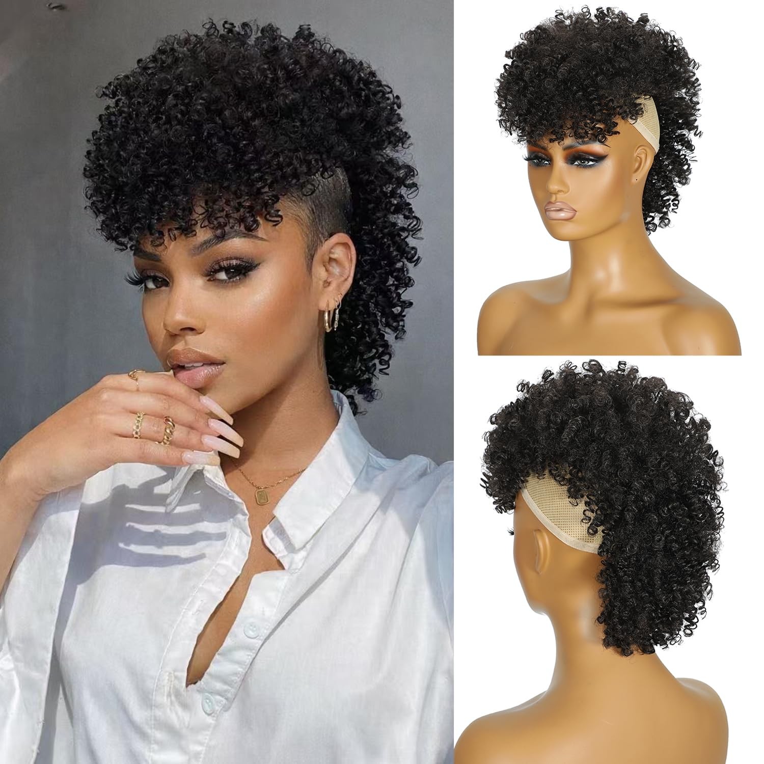 Mohawk Wig Kinky Curly Natural Black Ponytail with Bangs – Clip on Extension