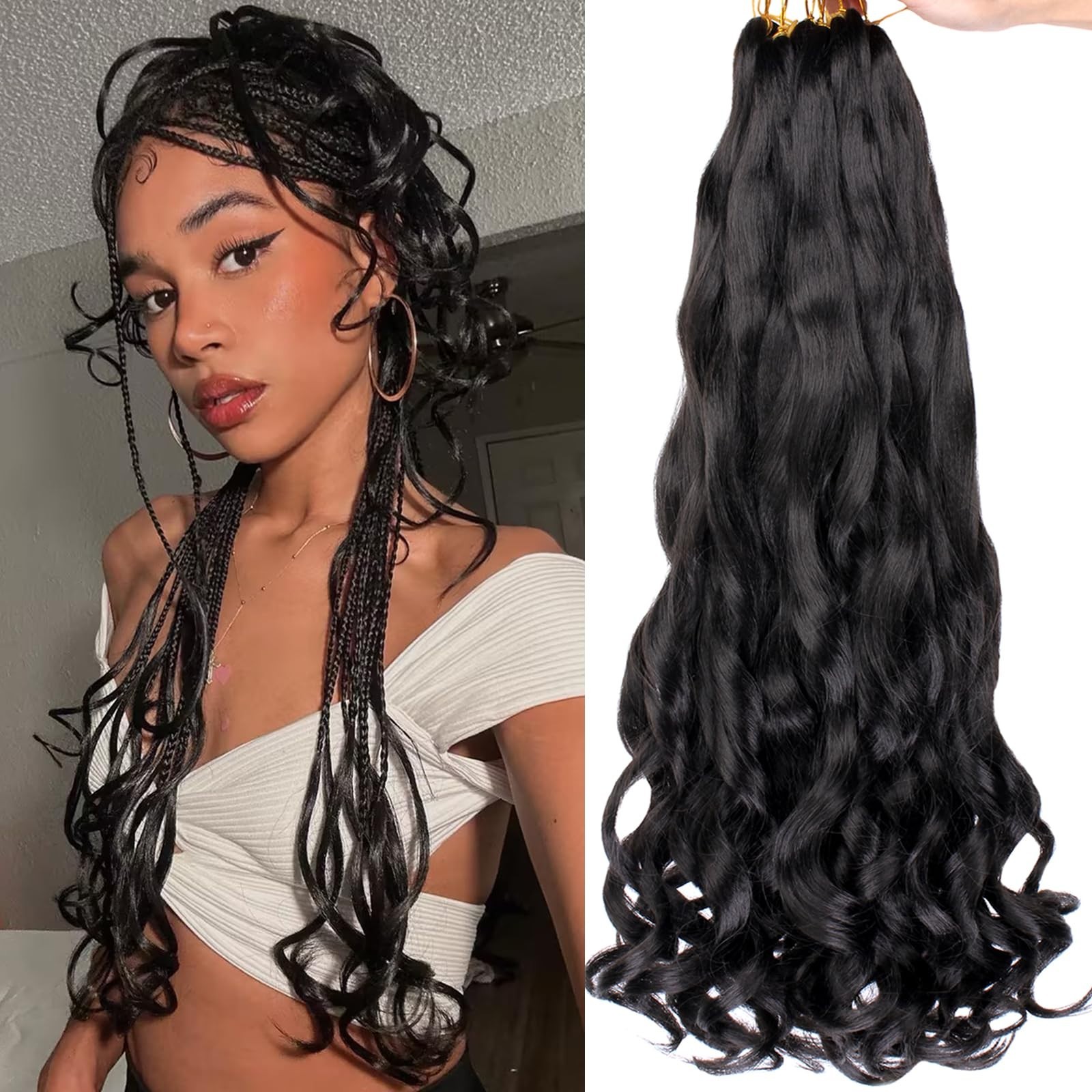 75g French Curl Braiding Hair 22″ Natural Black Pre-Stretched Loose Wavy Crochet