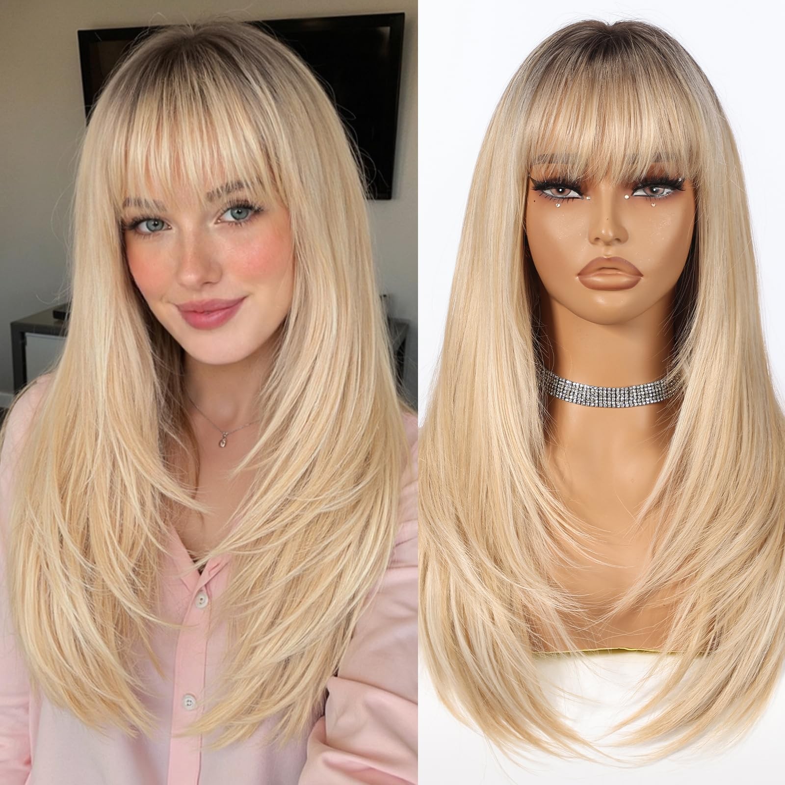 Ombre Blonde Wigs for Women Long Straight layered Wig With Bangs 22 inch Natu…