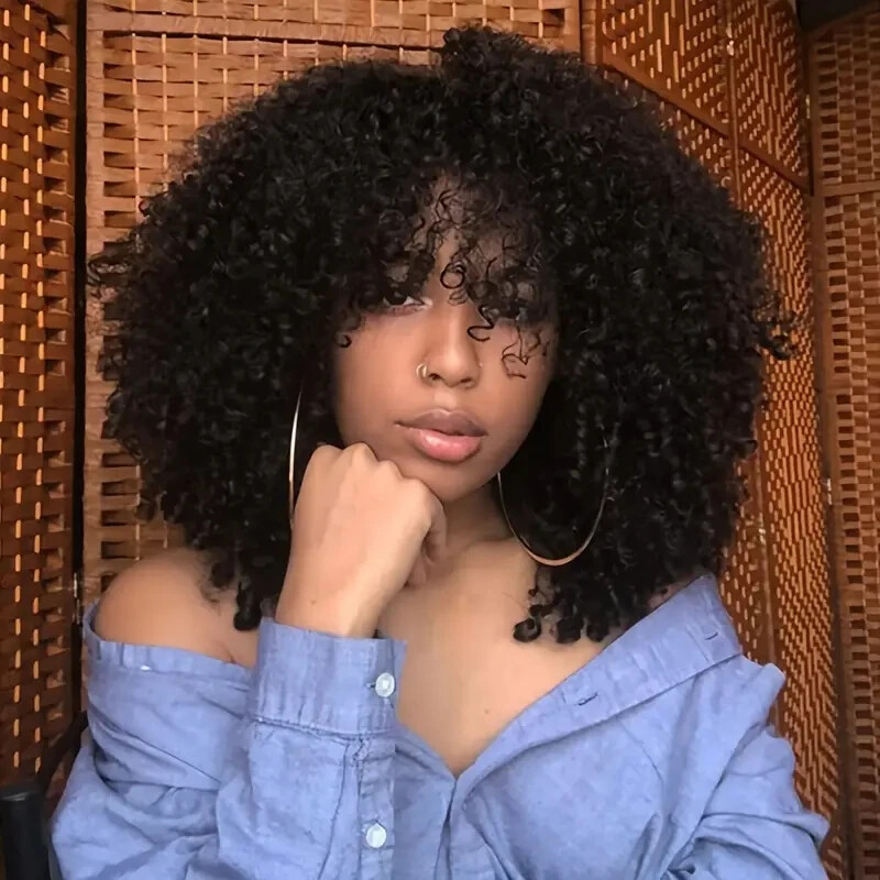 Afro Kinky Curly Wig 16 Inch Synthetic Hair with Bangs for Daily Wear