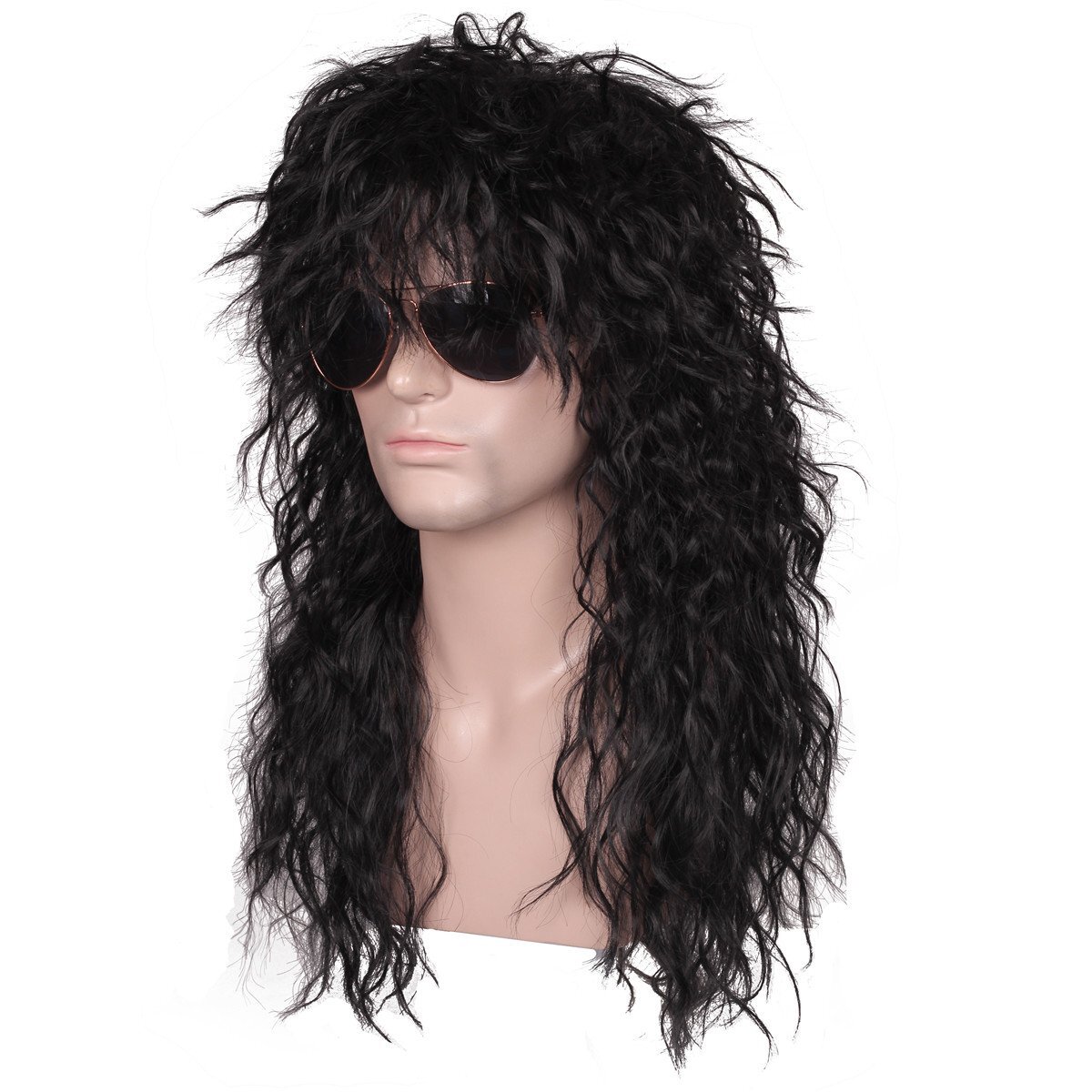Mens 80s Long Curly Black Rocker Wig Rock Star Halloween Costume Hair