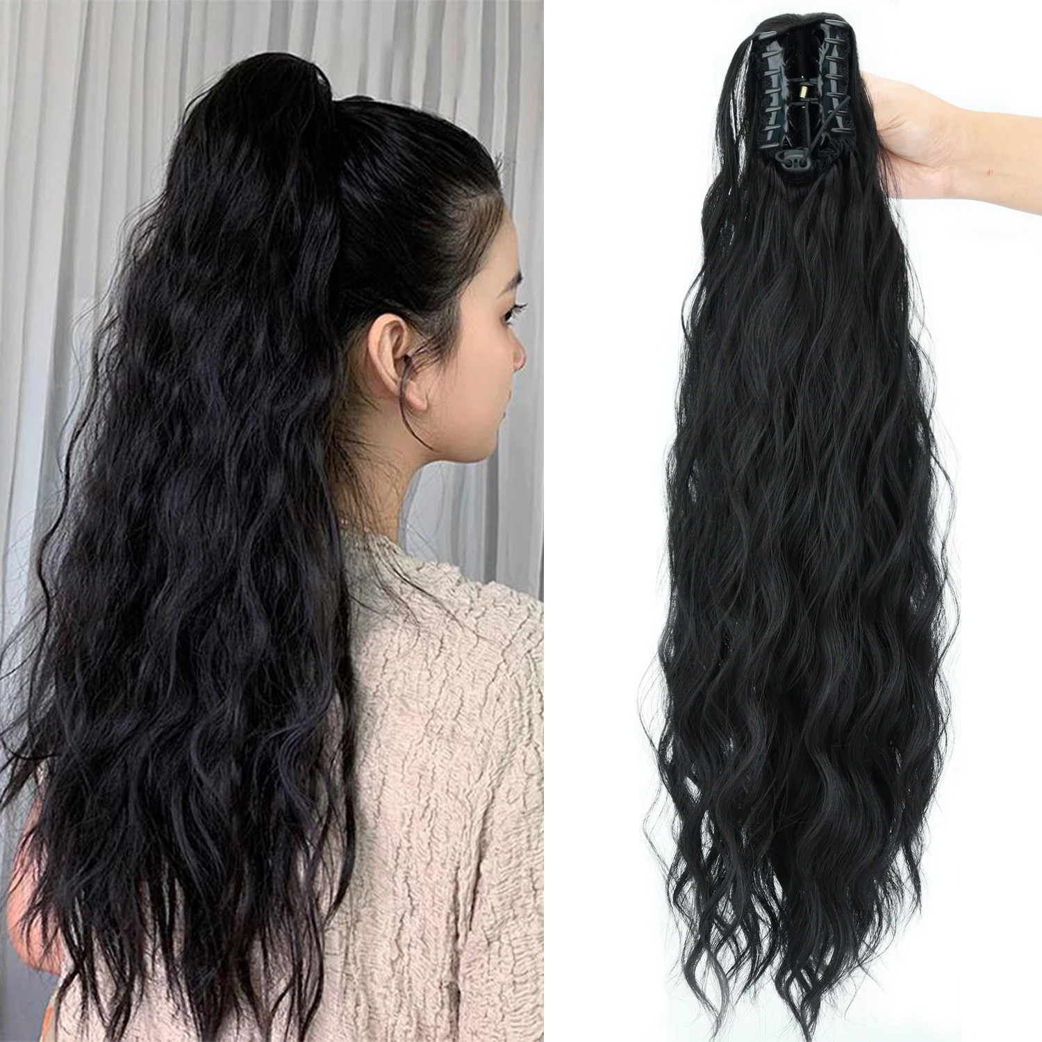 Fluffy Black Brown Water Wave Ponytail Extensions Synthetic Claw Clip for Women