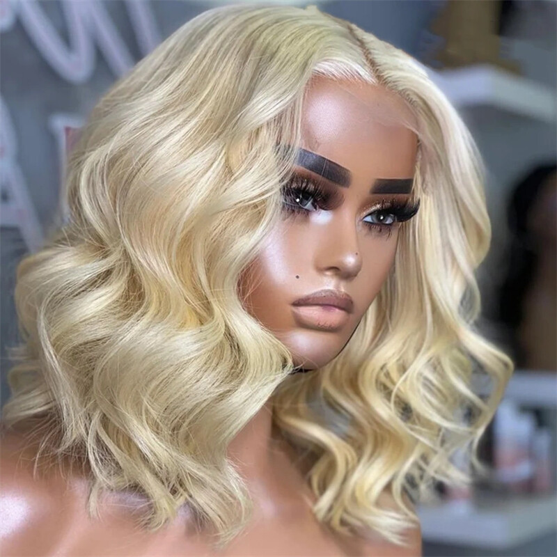 613 Blonde Short Wave Bob Wigs Human Hair 13×4 Lace Frontal Wig 200% Density