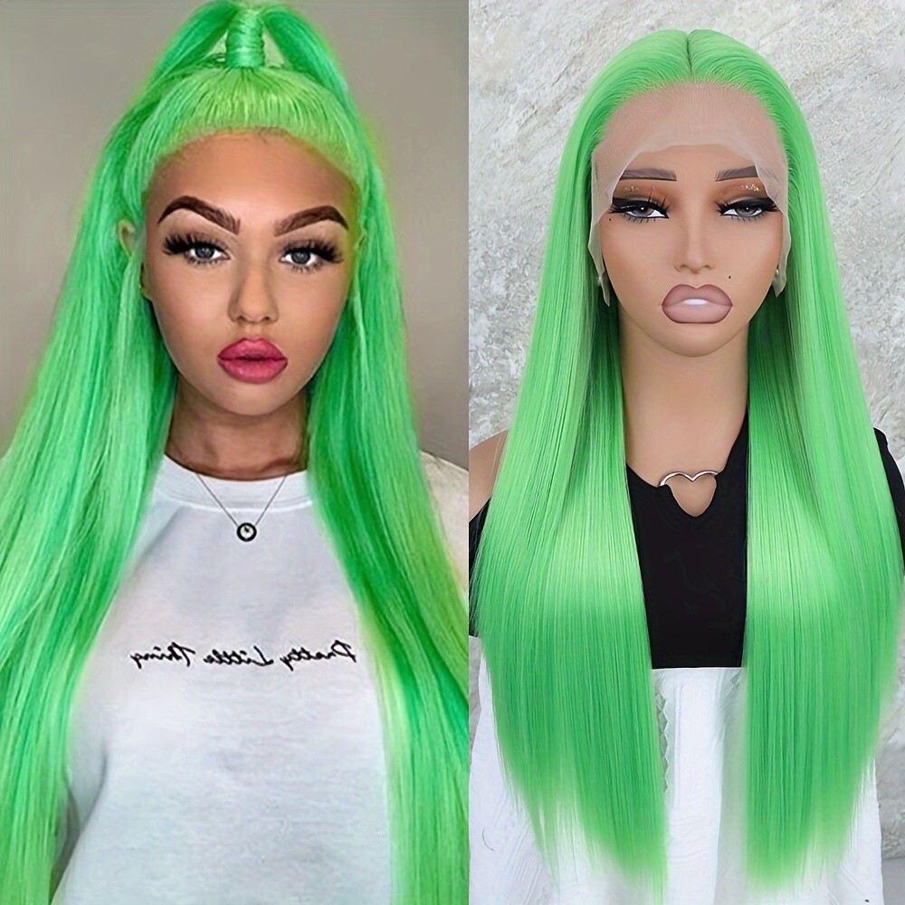 Women Long Straight 13×4 Frontal Lace Wigs Synthetic Hair Heat Resistant Green