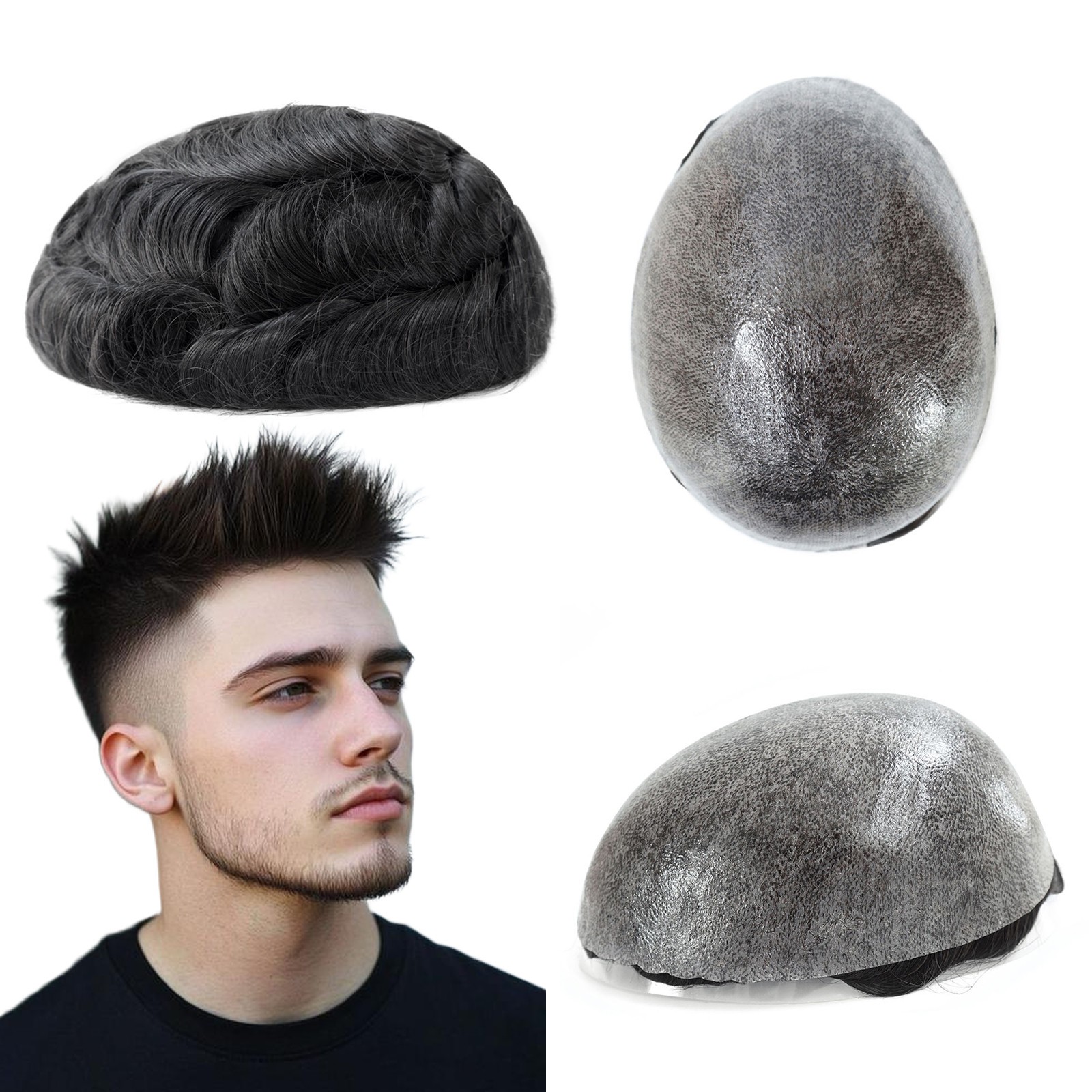 Mens Toupee Human Hair System 0.12mm Injection Skin Unit Black Hair Piece #1C