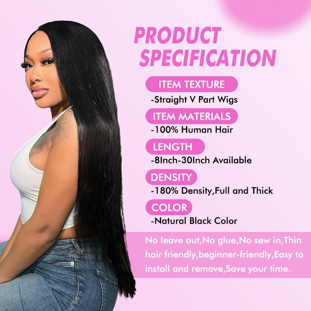 V Part Wigs Human Hair Straight V Shape Wigs for Black Upgrade U Part Wigs No…