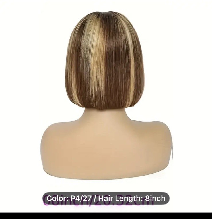 Dark Brown & Blond highlights 8” Bob Lace Front 100% Human Hair 180 % Density.