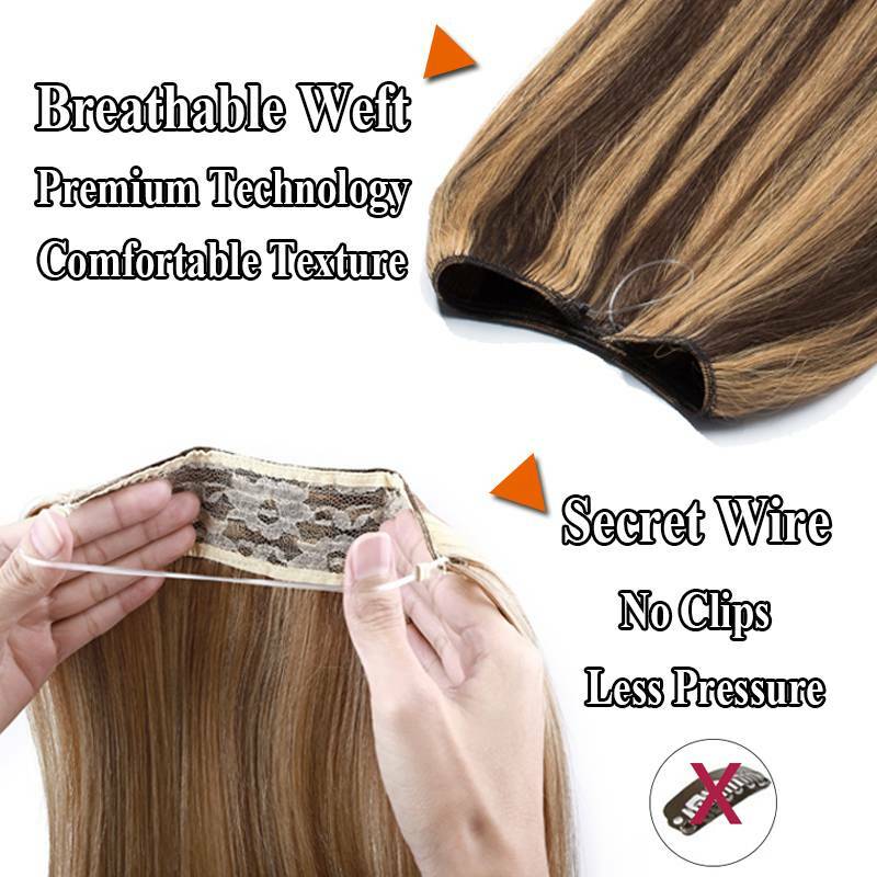 Thick Hidden Weft Wire In One Piece Remy Human Hair Extensions No Clip Balayage