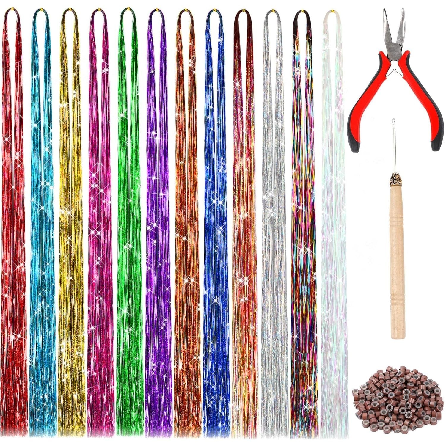 Tinsel Hair Extension, 47 Inch Glitter Rainbow Strands with Tool | 2400 Stran…