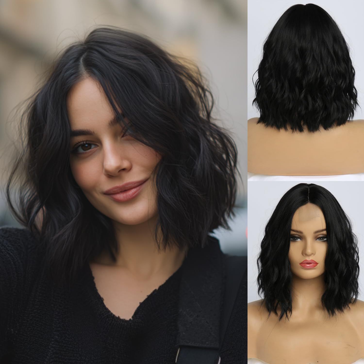 European American Medium Long Water Wave Wig Heat Resistant Synthetic Full Head