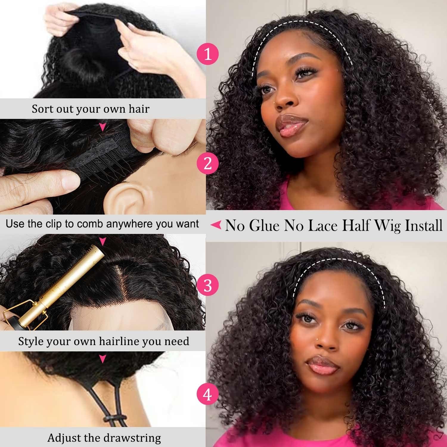 Kinky Curly Half Wig 20″ | 200% Density Glueless Drawstring Headband Wig for Wom