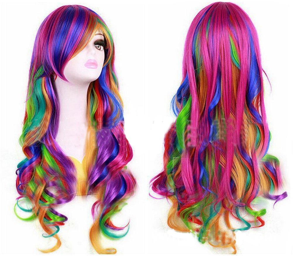 Girls Long Curly Rainbow Color Cosplay Party Costume Hair Wigs with Cap+Comb