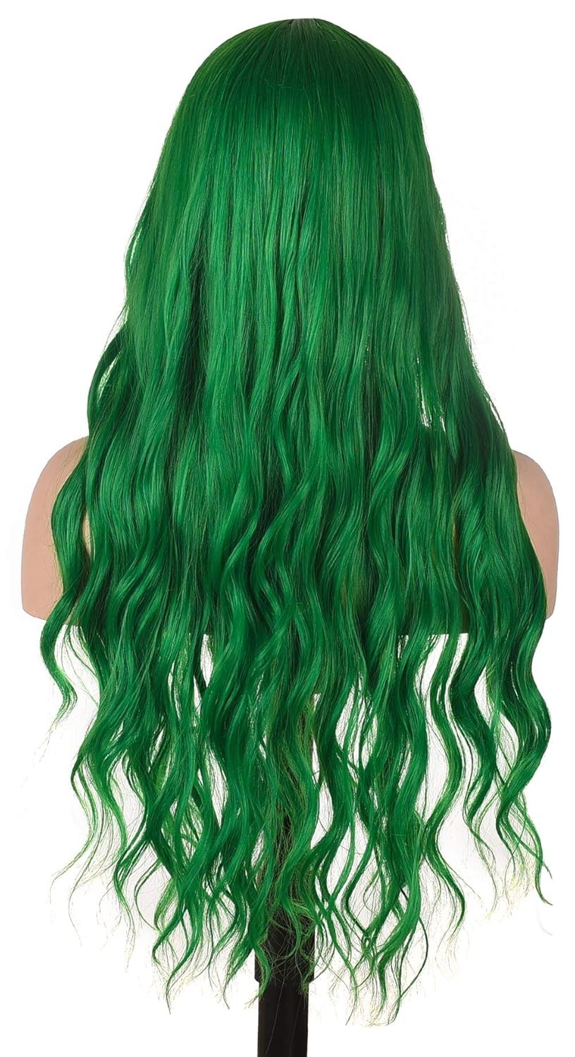 Long Wavy Green Wig with Bangs | Heat Resistant Synthetic Hair Wigs for Women…