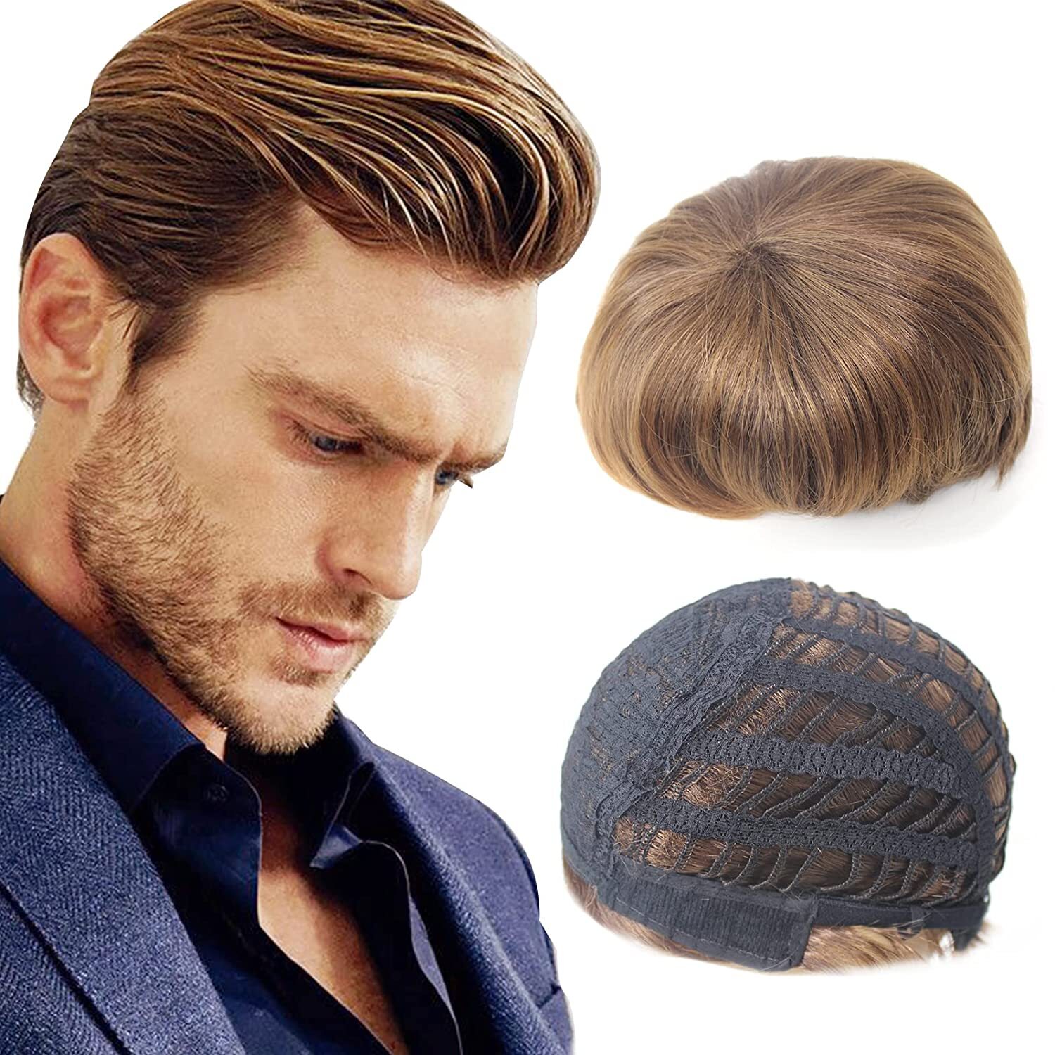 Toupee for Men Short Layered Natural Synthetic Heat Resistant Wig Size 8×10 Inch