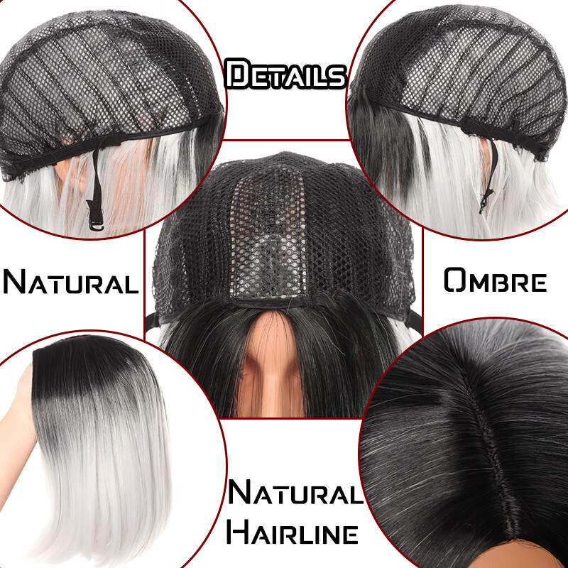 Full Synthetic Ombre Gray Brown Hair Straight Women Wigs with Rose net 12″ Long