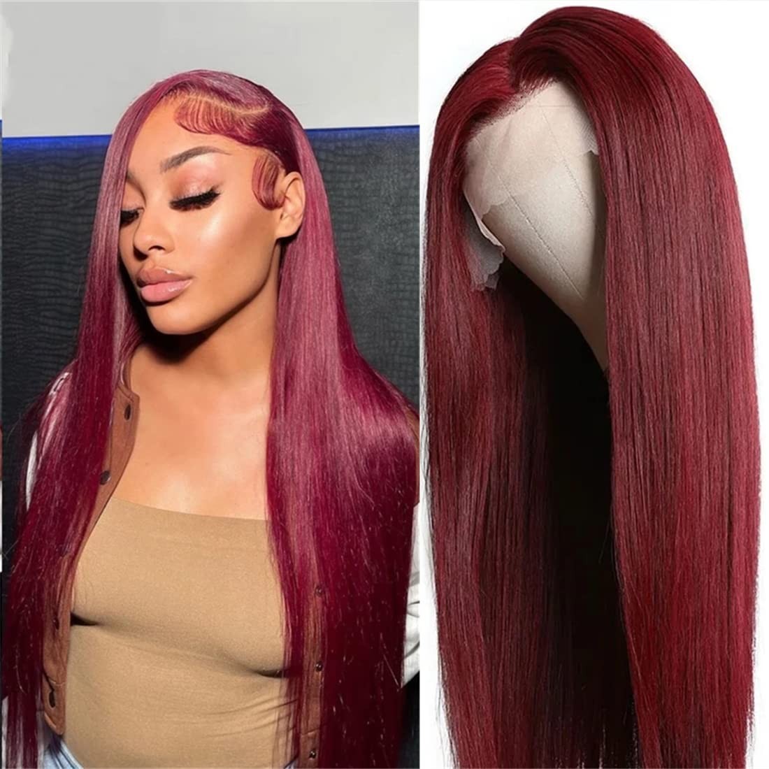 13×4 Burgundy Red Lace Front Human Hair Wig Straight 150% Density 22in 99J