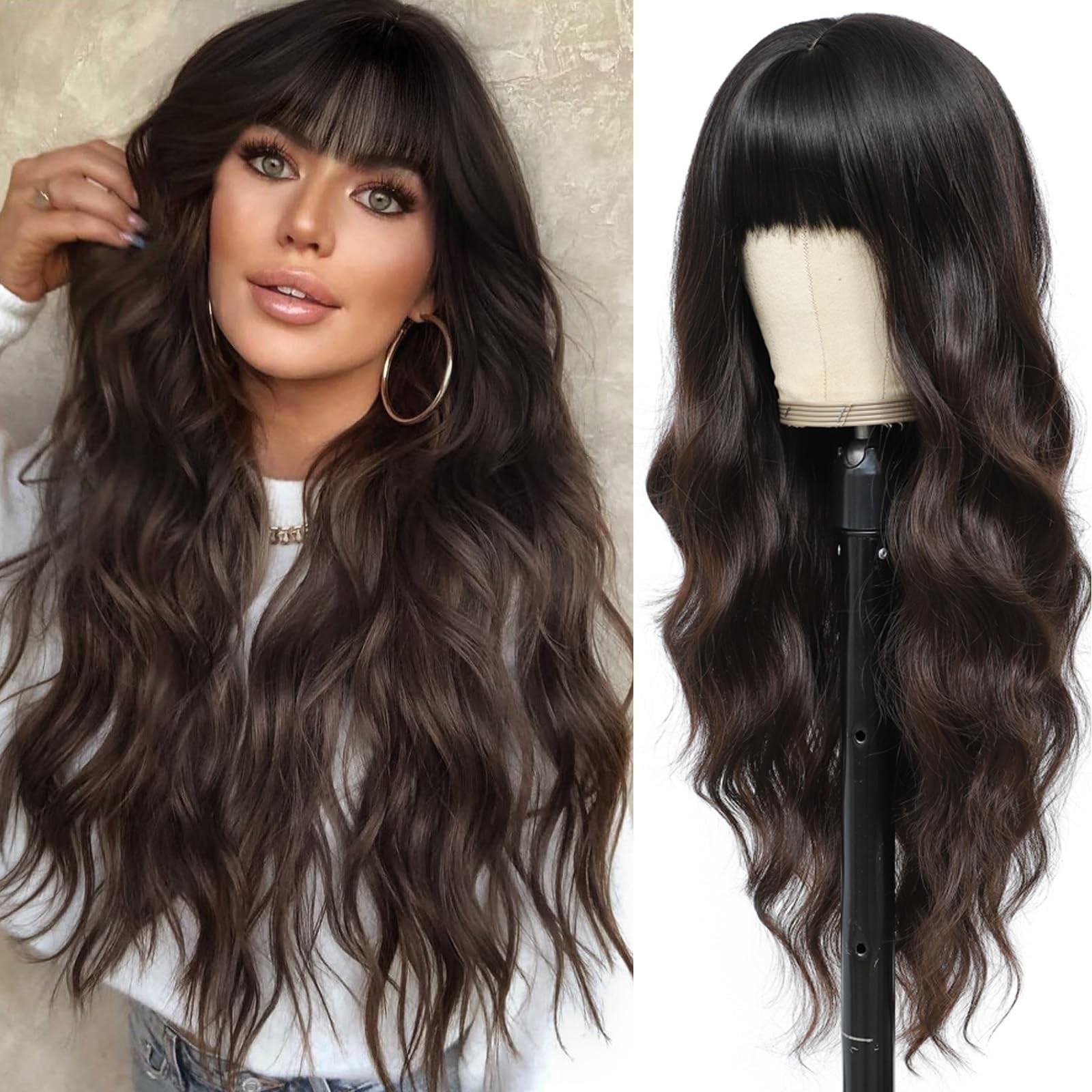 Brown Wig with Bangs for Women Long Brown Wavy Wigs 26 Inch Dark Brown Wigs N…