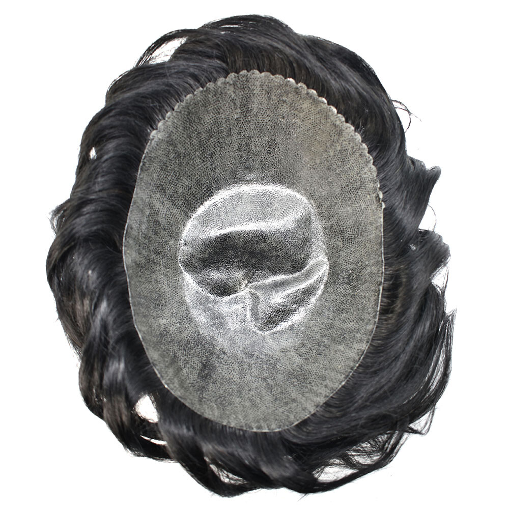 Mens Human Hair Replacement Medium Skin V-loop Scalloped Toupee Hairpiece Wig