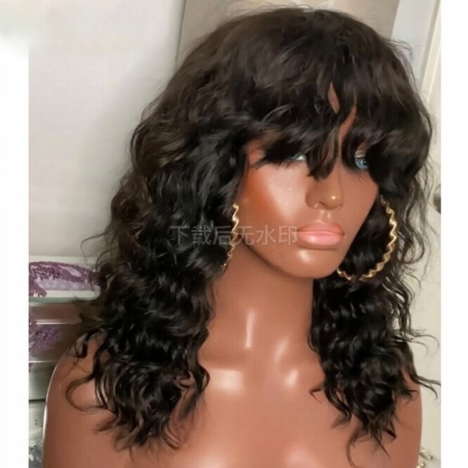 Deep Wave Human Hair Wigs Wavy Top Machine Made Wigs With Bangs