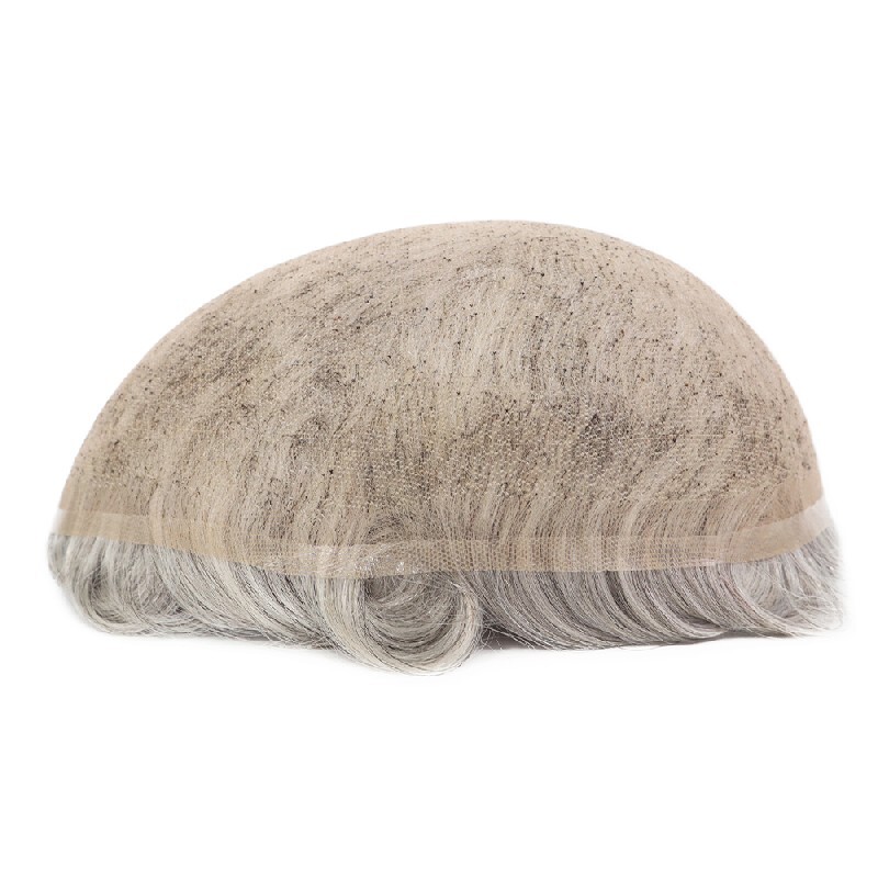 Mens Toupee French Lace Human Hair System Medium Density Grey Hair Pieces #1B80