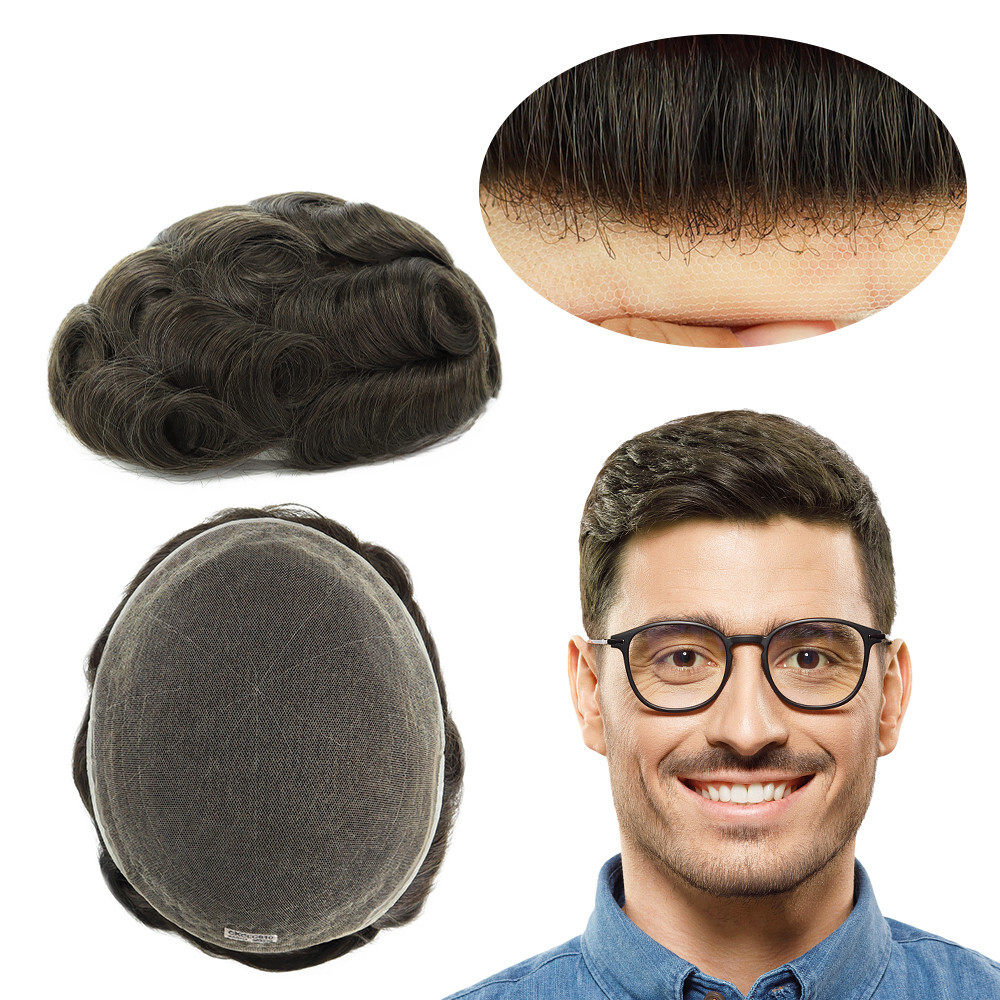 Mens Toupee Human Hair System Full French Lace Hair Replacement Pieces #4ASH