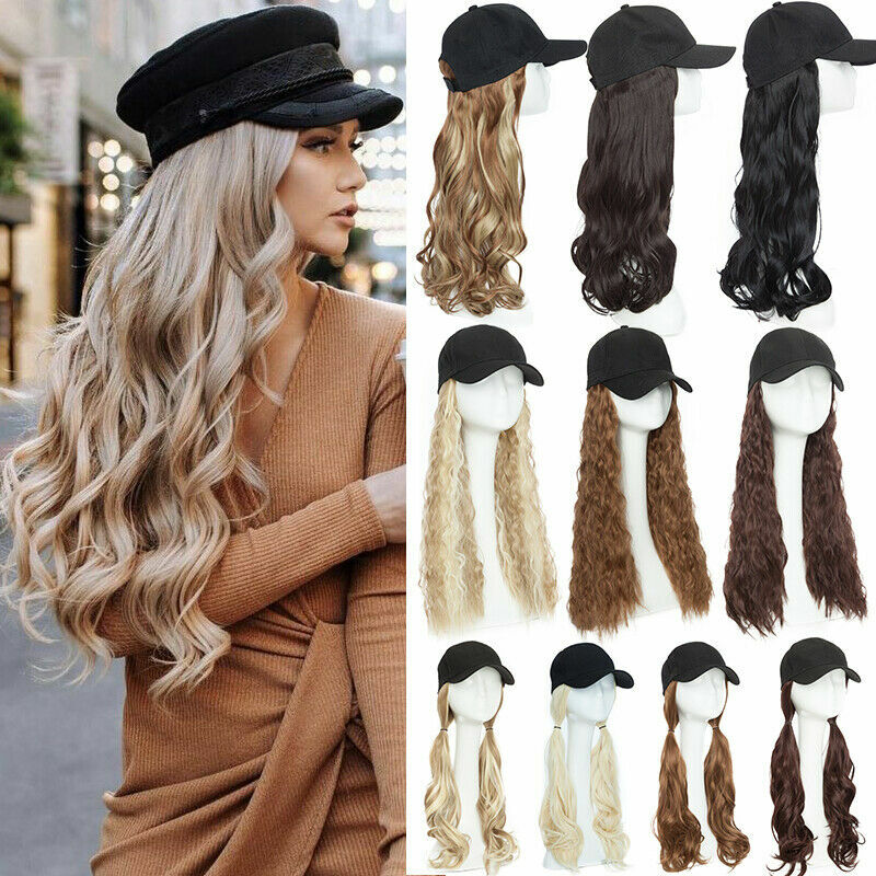 100% Real Thick Baseball Cap Hair Extensions Hat Full Head Long Curly as Human