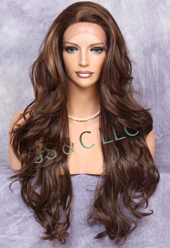 Heat OK Human Hair Blend Full Lace Front WIG Long Wavy Brown Auburn Mix WBKM