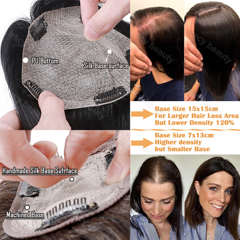 15X15CM Brazilian Women Human Hair Topper Top Front Wigs Hairpiece Silk Base US