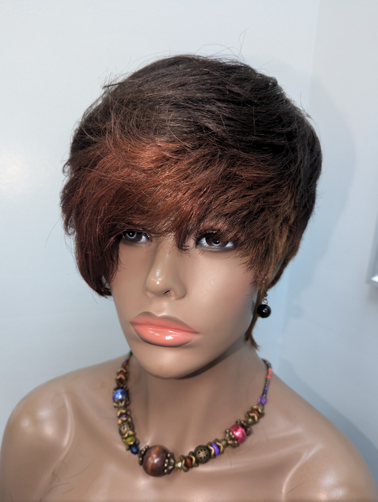 Asymmetrical 100% Virgin Chinese Full Cut Lace Wig Color Brown Highlight Arburn