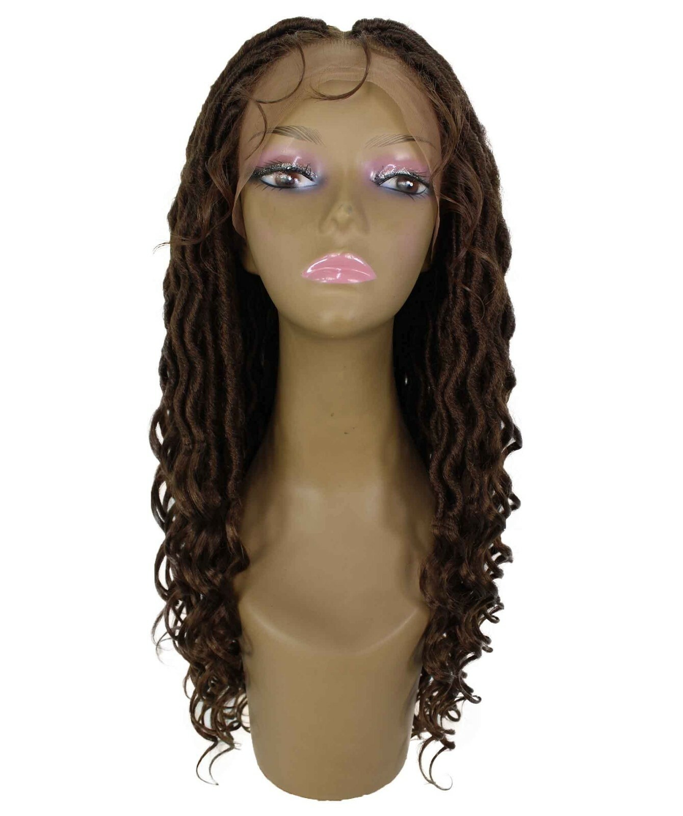 LUXLUXE Andrea 4×4 Curly Long 4X4 Hand Tied Lace Braid Mahogany Brown Wig