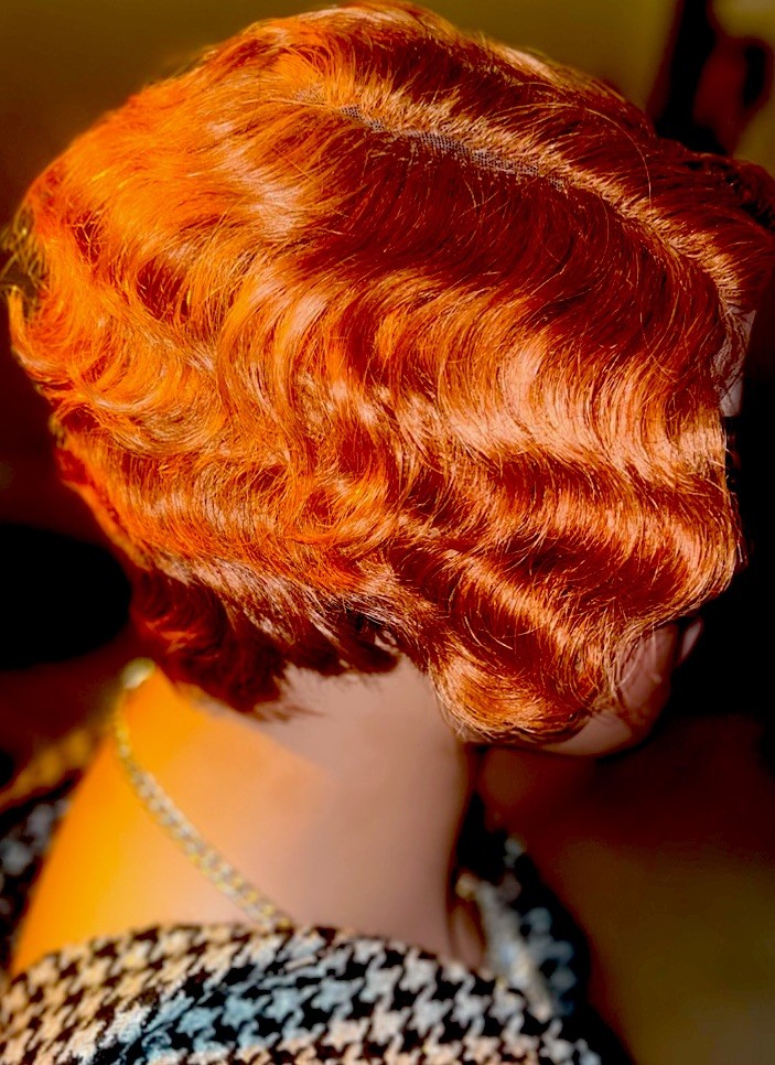 LACE 100% HUMAN HAIR WIG GINGER COLOR FINGER WAVE LIGHT DENSITY 6” PARTING NEW