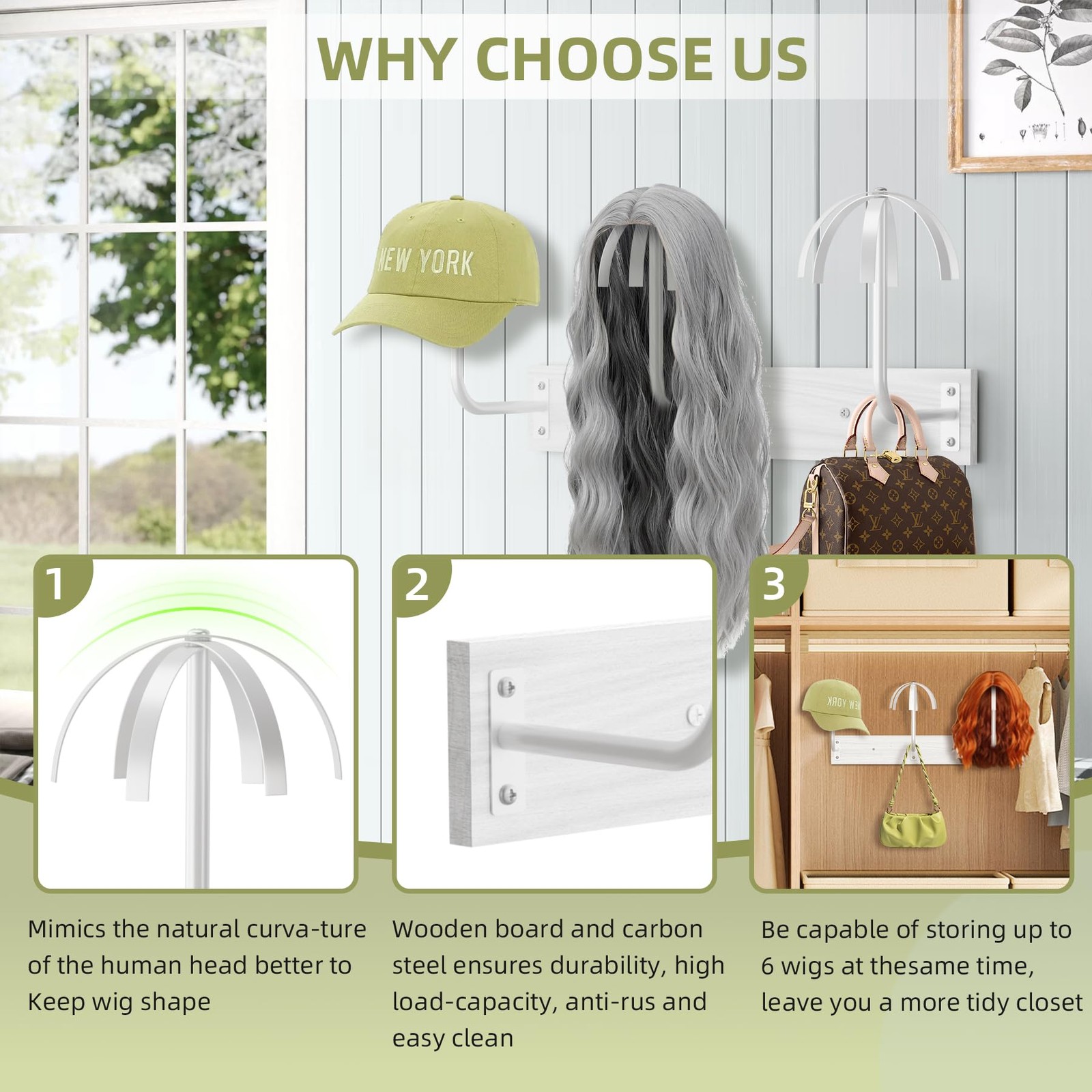 Wig Holder for Multiple Wigs,Sturdy Hanging 2.75 x 15.75 x 6.2 inches, White