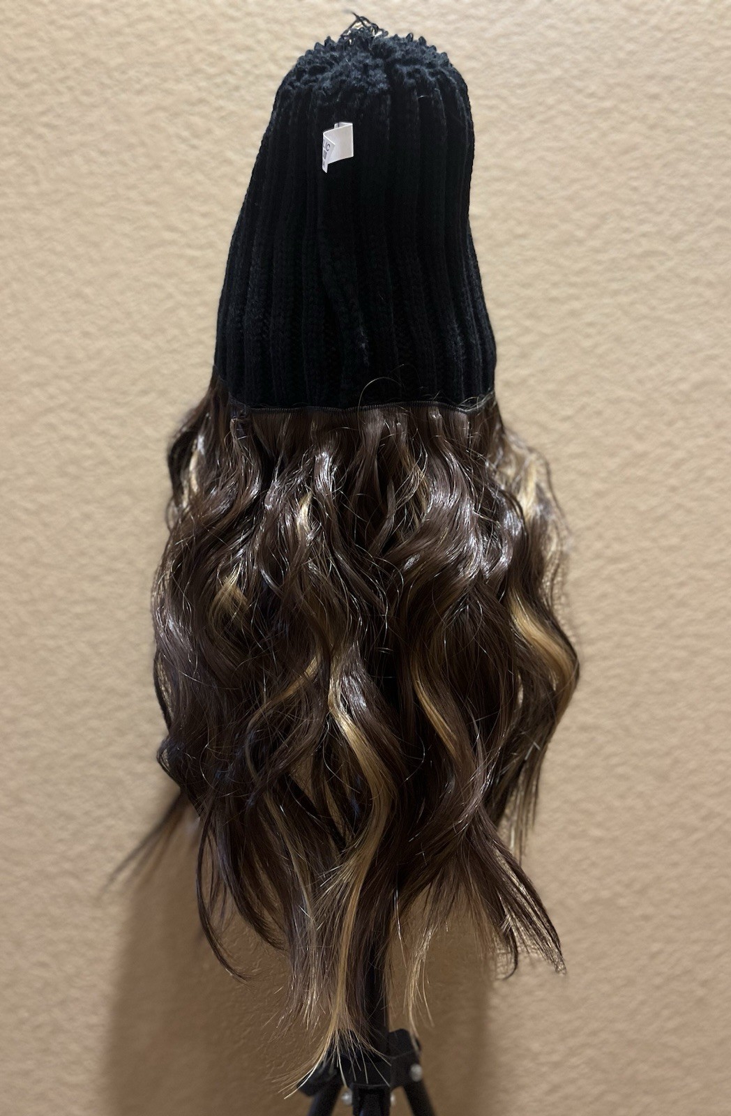 Dark Brown Highlighted Wavy Synthetic Beanie Wig | Detachable Faux Fur Pom Pom